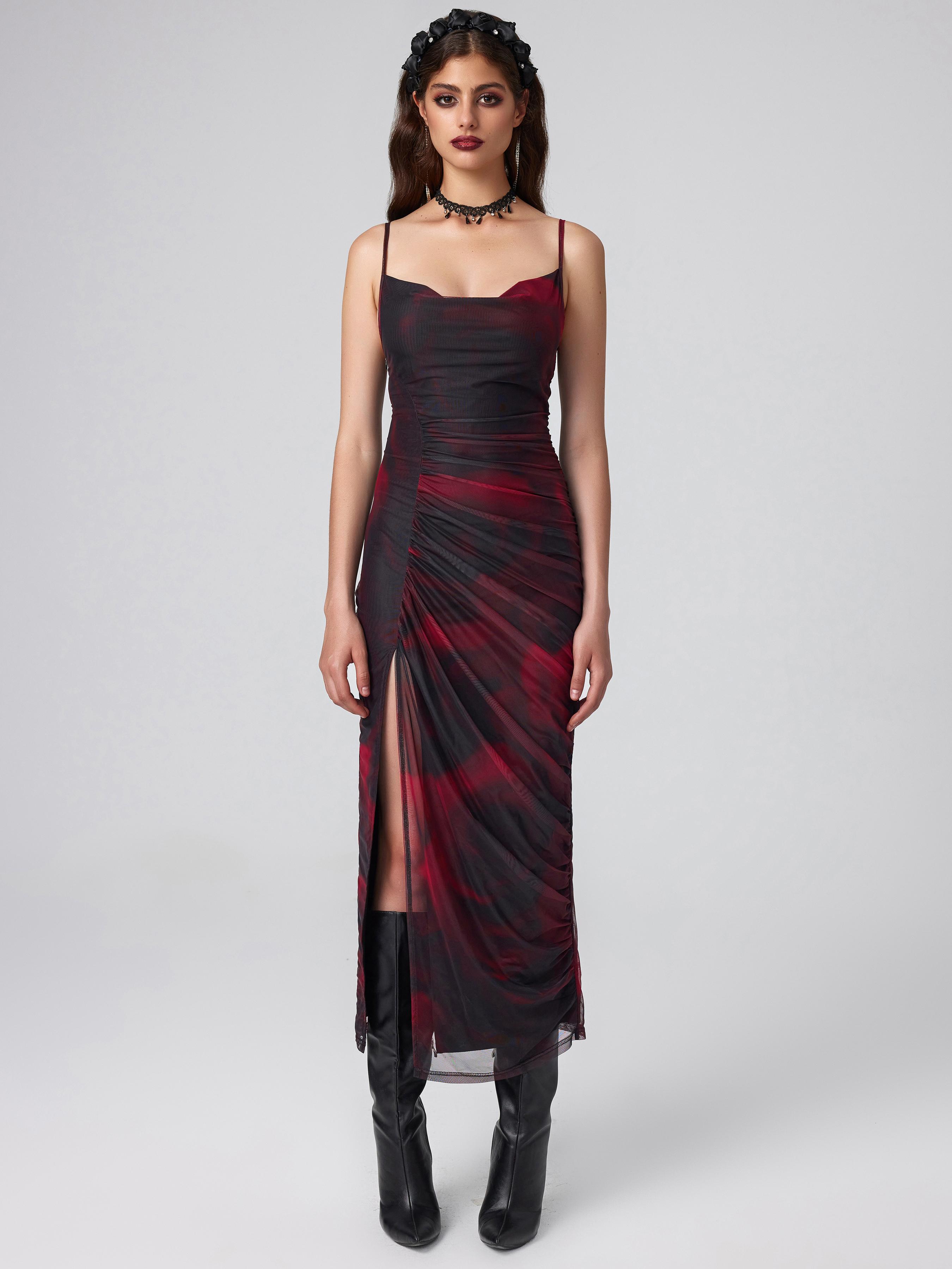 Mesh Cowl Neck Ruched Split Midi Dress by CIDER