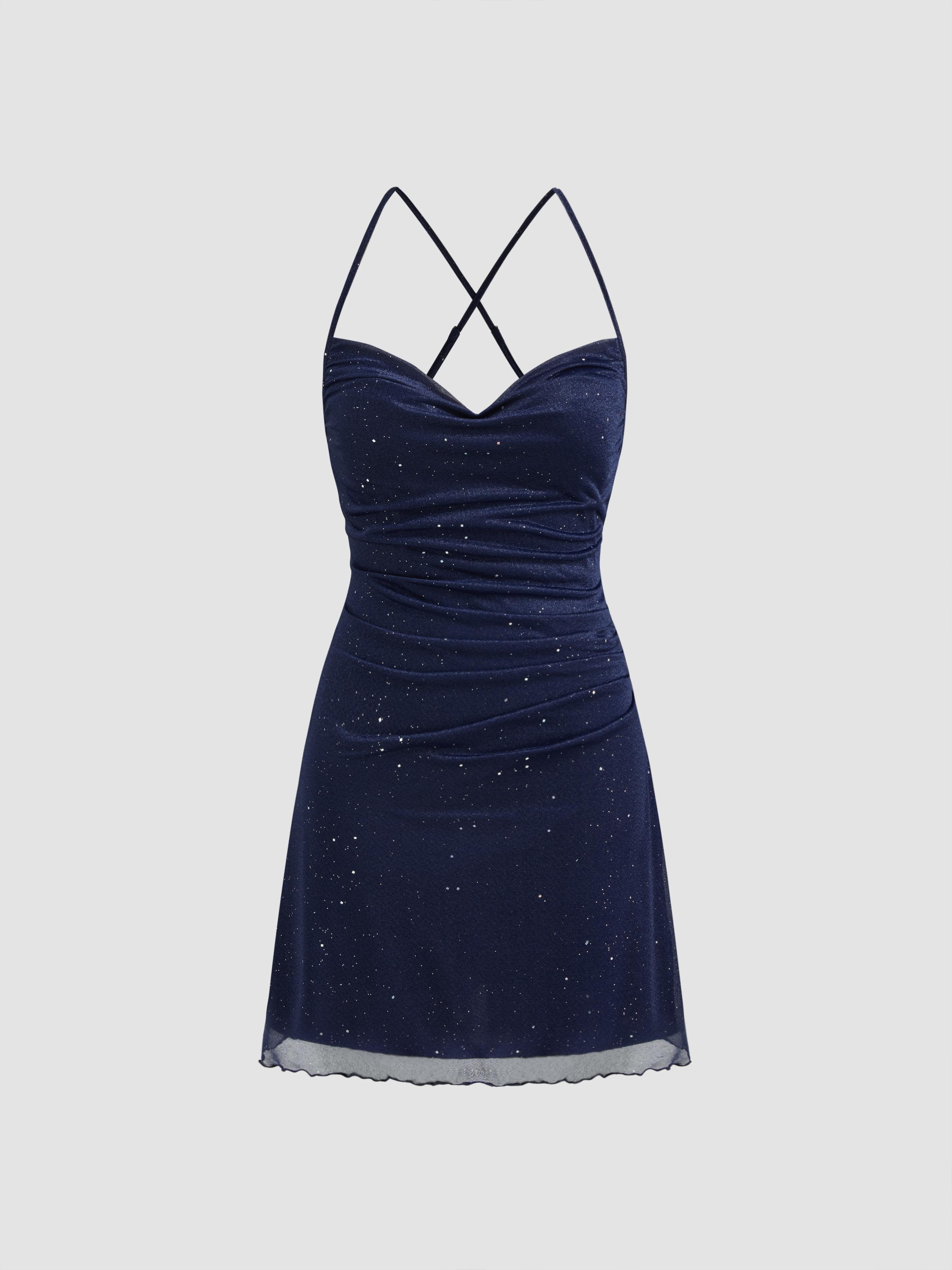 Mesh Cowl Neck Solid Sequin Mini Dress by CIDER