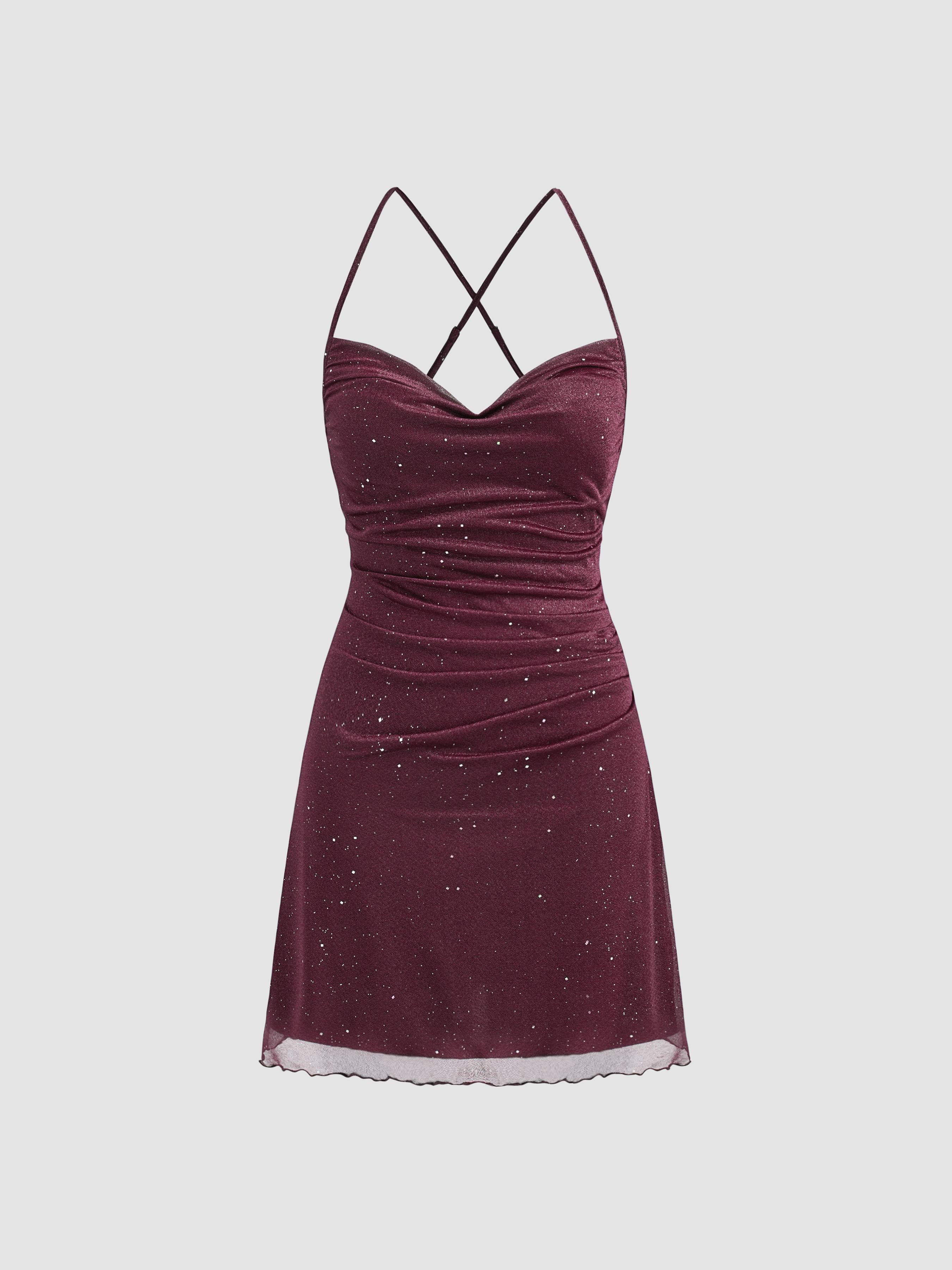 Mesh Cowl Neck Solid Sequin Mini Dress by CIDER