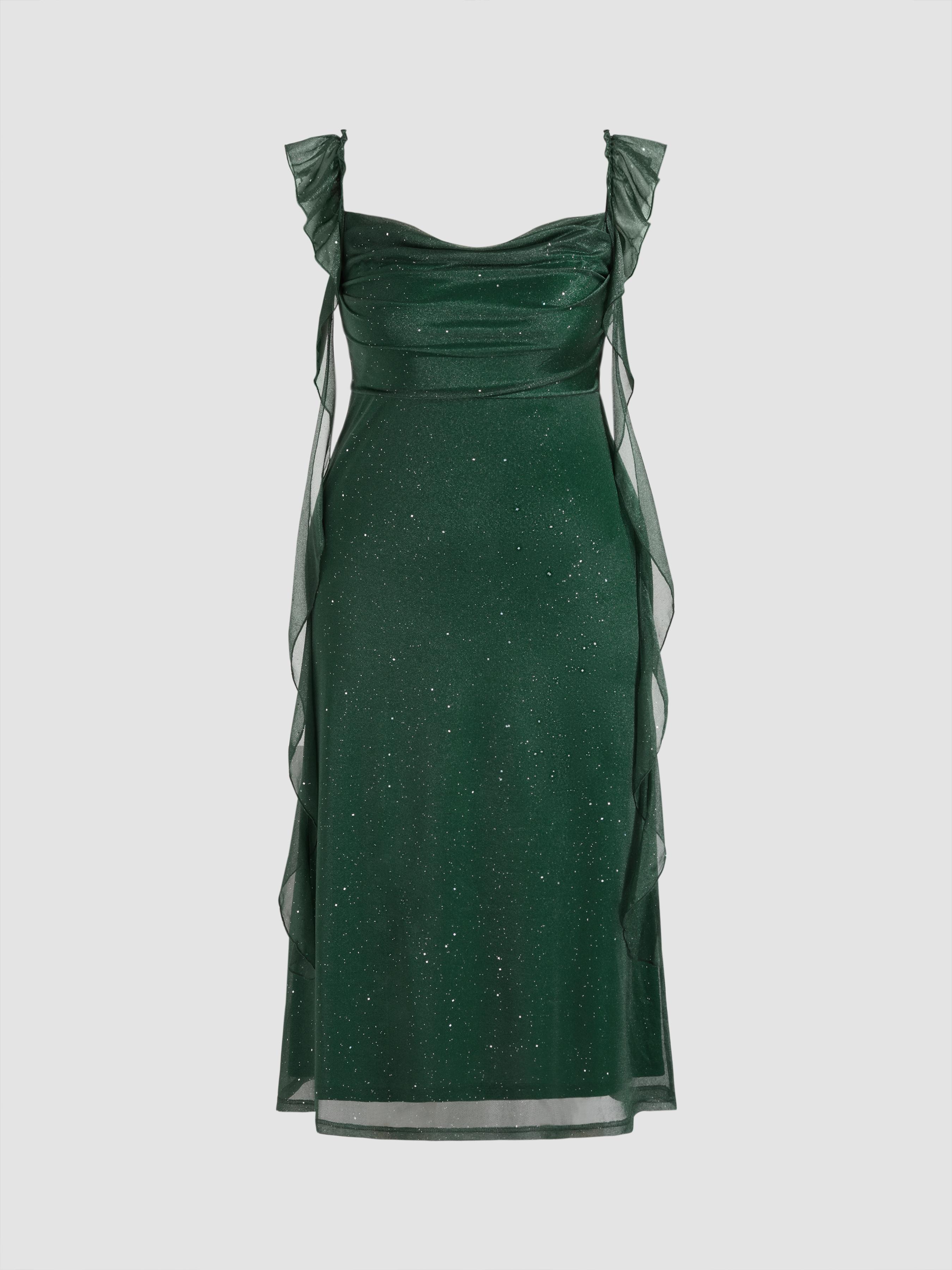 Mesh Cowl Neck Solid Sequin Ruffle Hem Maxi Dress Curve & Plus by CIDER
