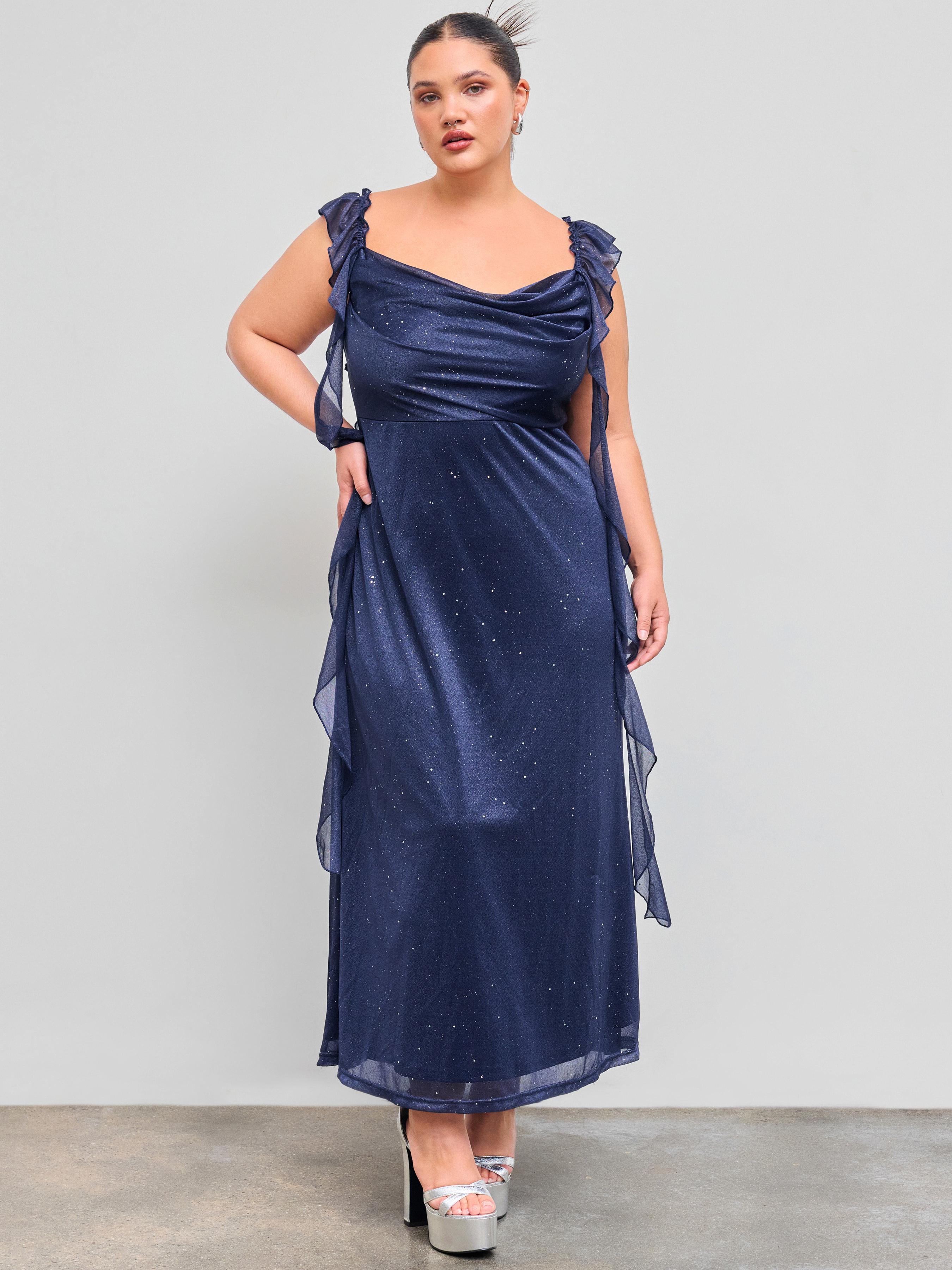 Mesh Cowl Neck Solid Sequin Ruffle Hem Maxi Dress Curve & Plus by CIDER
