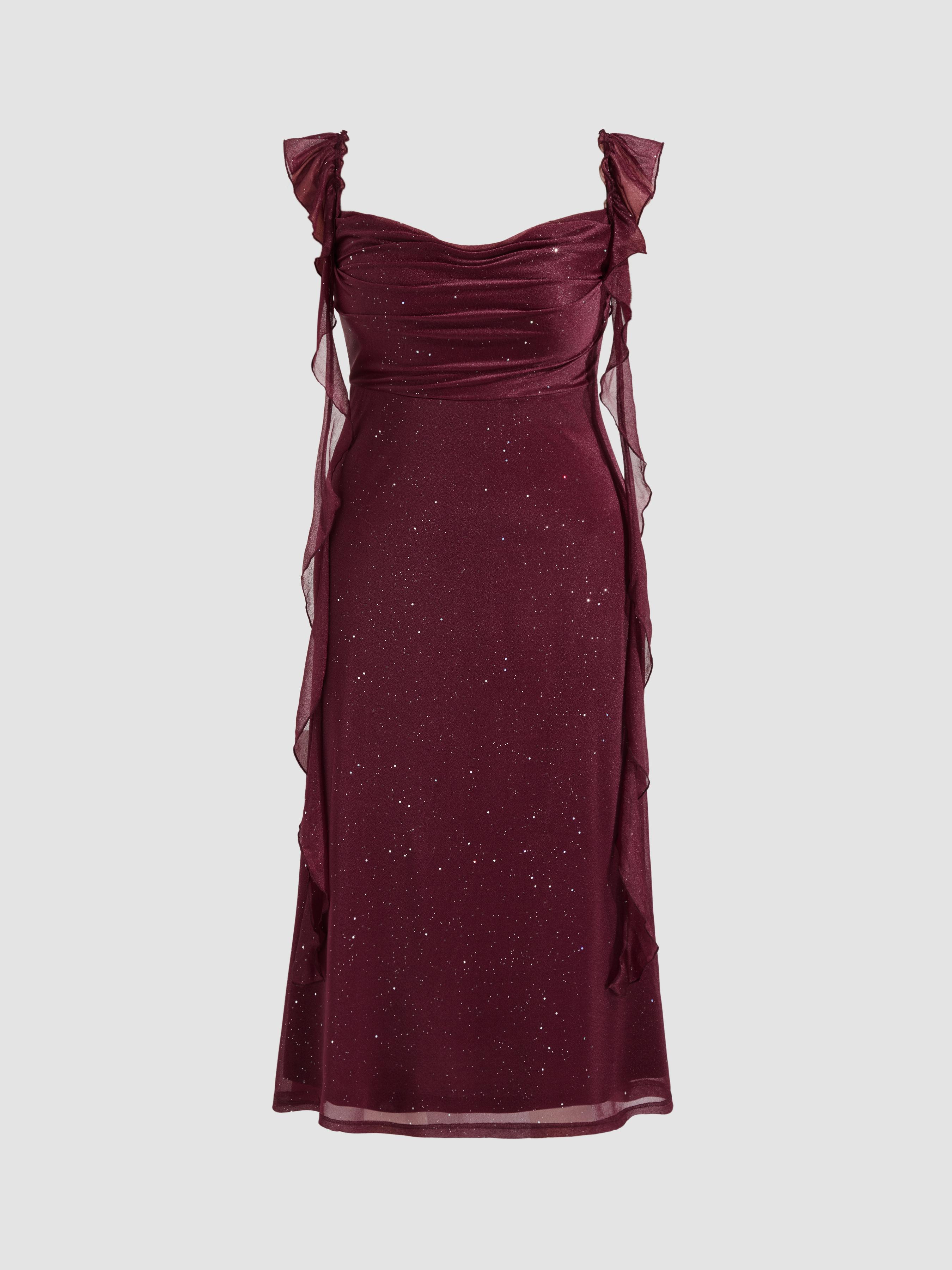 Mesh Cowl Neck Solid Sequin Ruffle Hem Maxi Dress Curve & Plus by CIDER