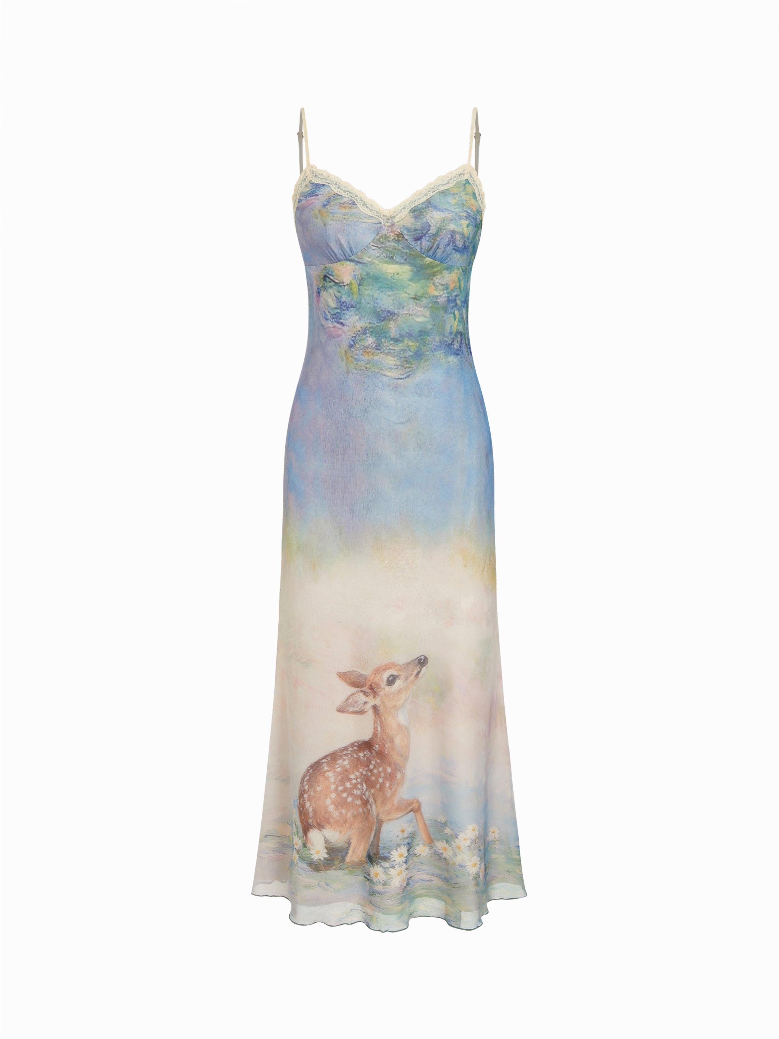 Mesh Deer Graphic Sweetheart Lace Trim Slip Maxi Dress by CIDER
