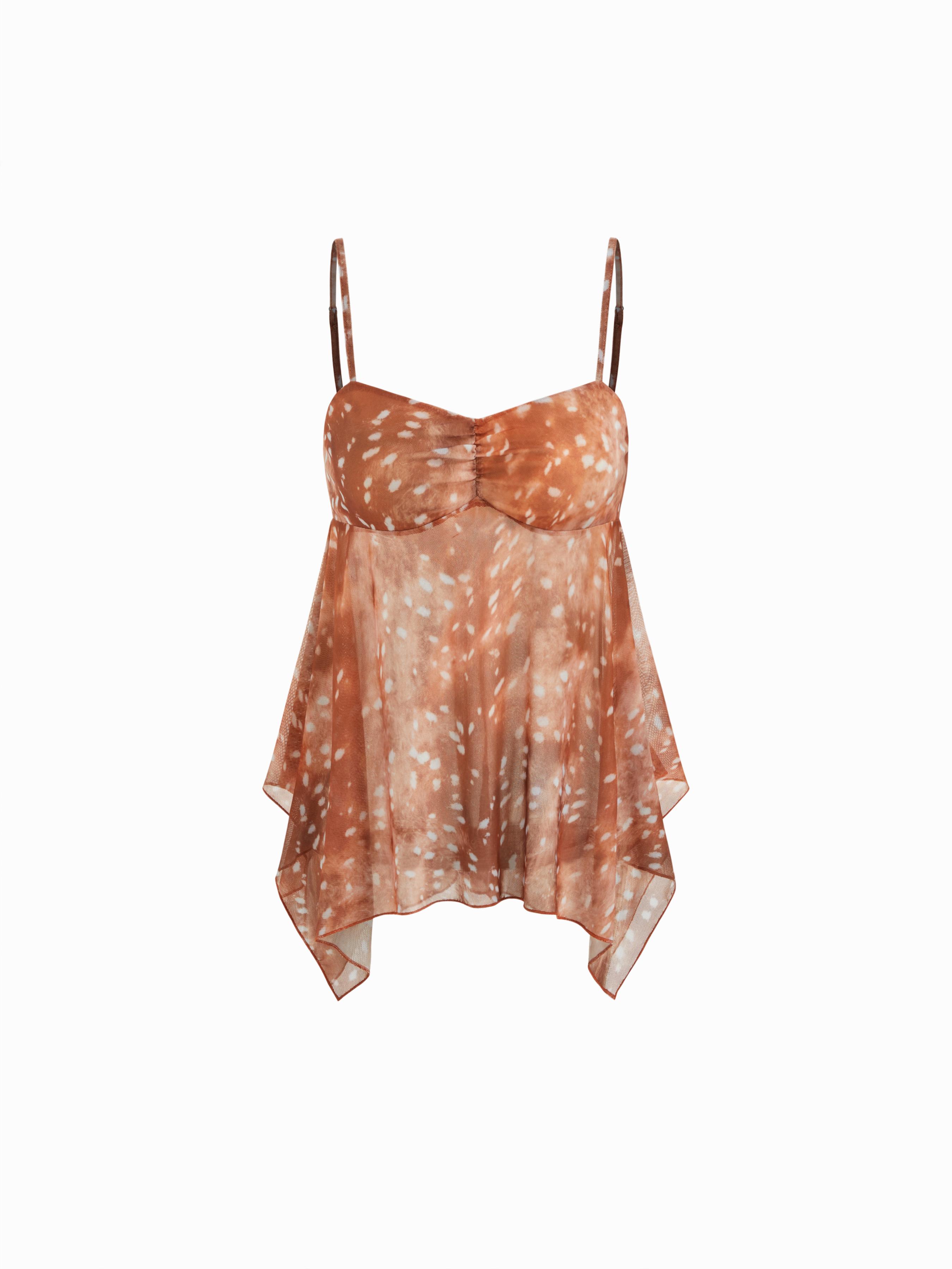 Mesh Deer Print Sweetheart Neck Asymmetrical Hem Ruffle Cami Top by CIDER