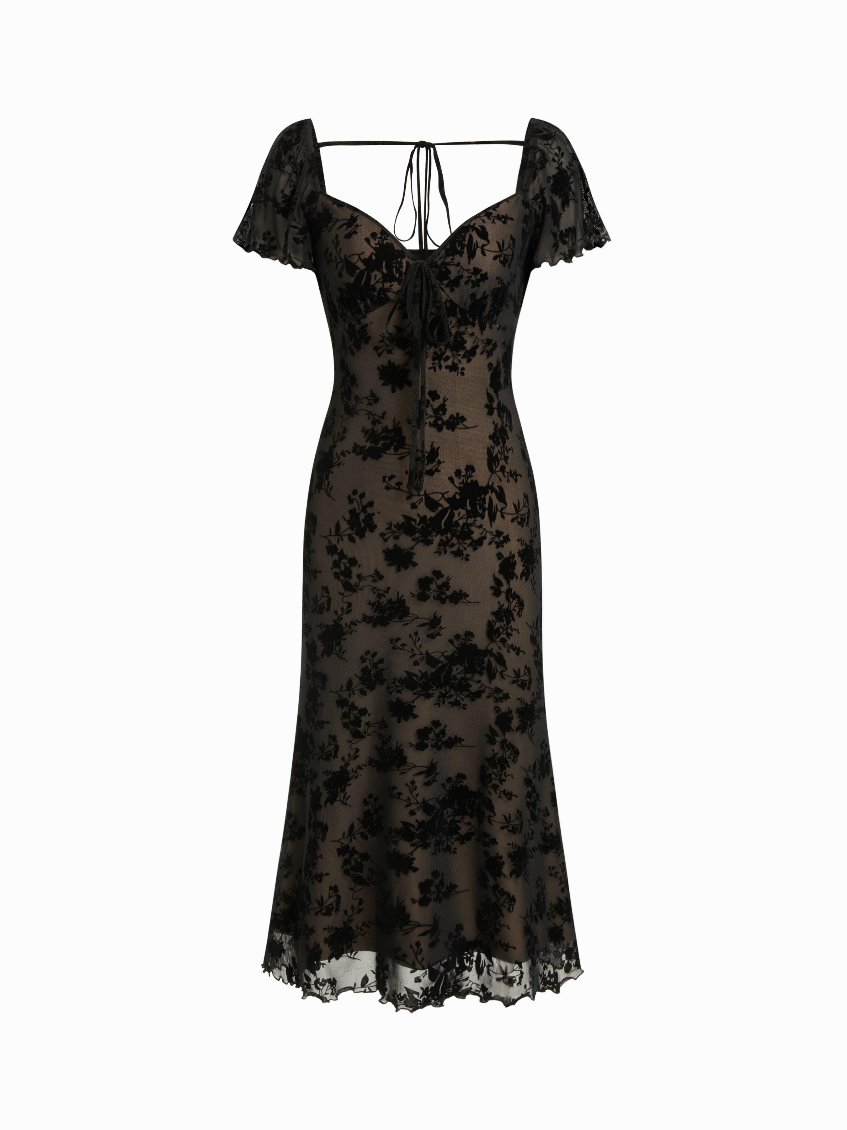 Mesh Flocking Floral Sweetheart Ruffle Sleeve Mermaid Midi Dress by CIDER