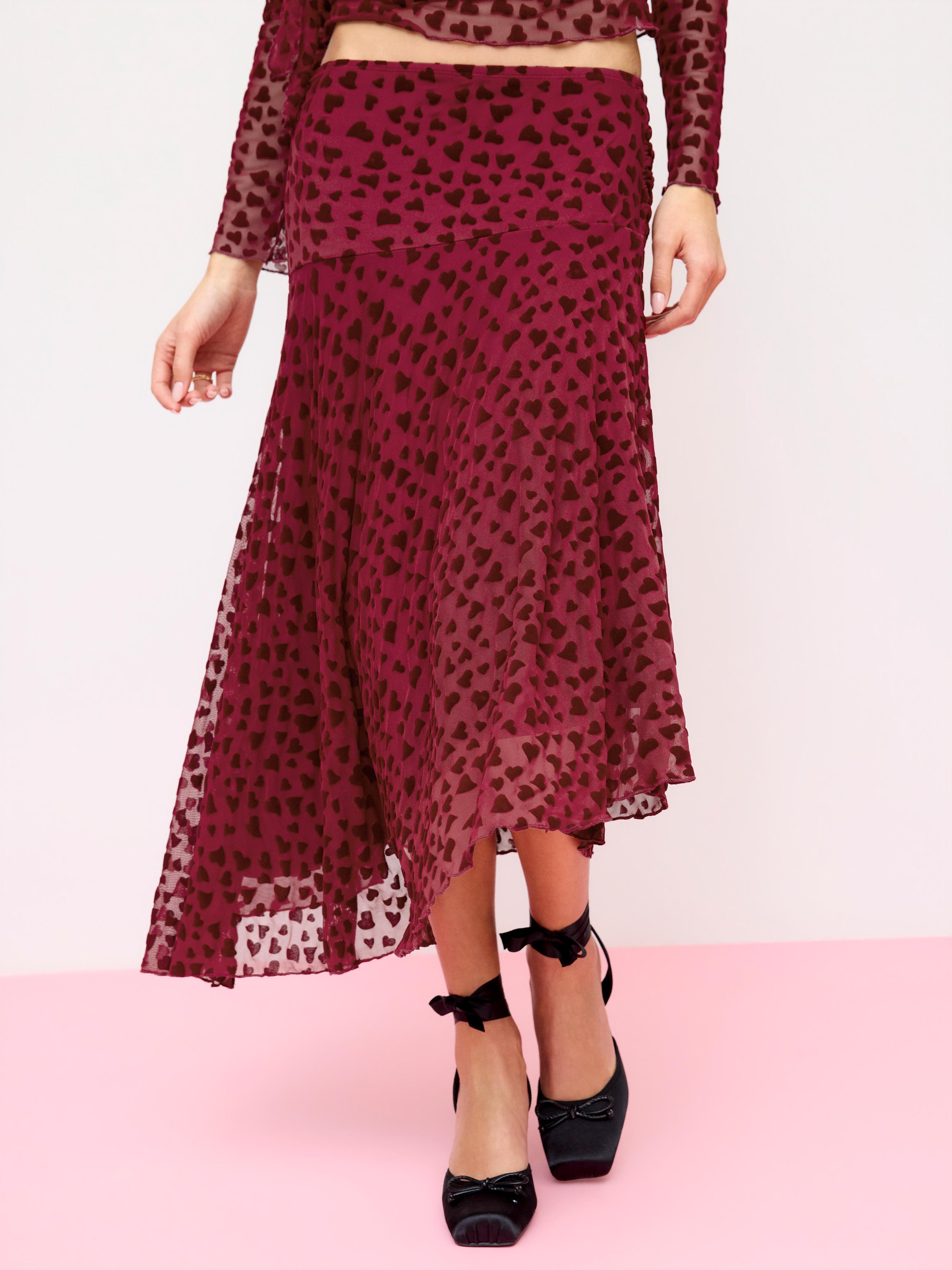 Mesh Flocking Heart Asymmetrical A-line Maxi Skirt by CIDER