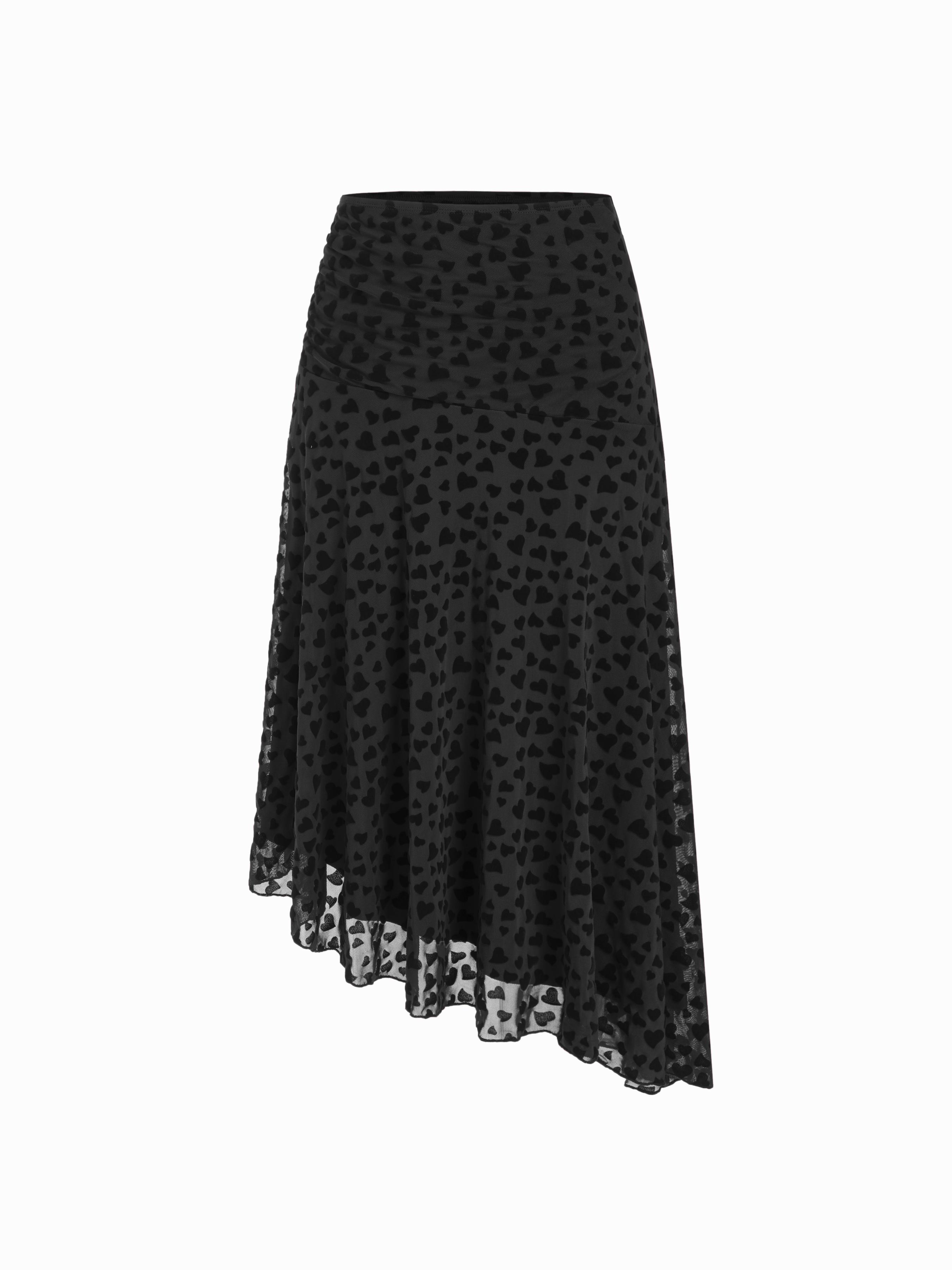 Mesh Flocking Heart Asymmetrical A-line Maxi Skirt by CIDER
