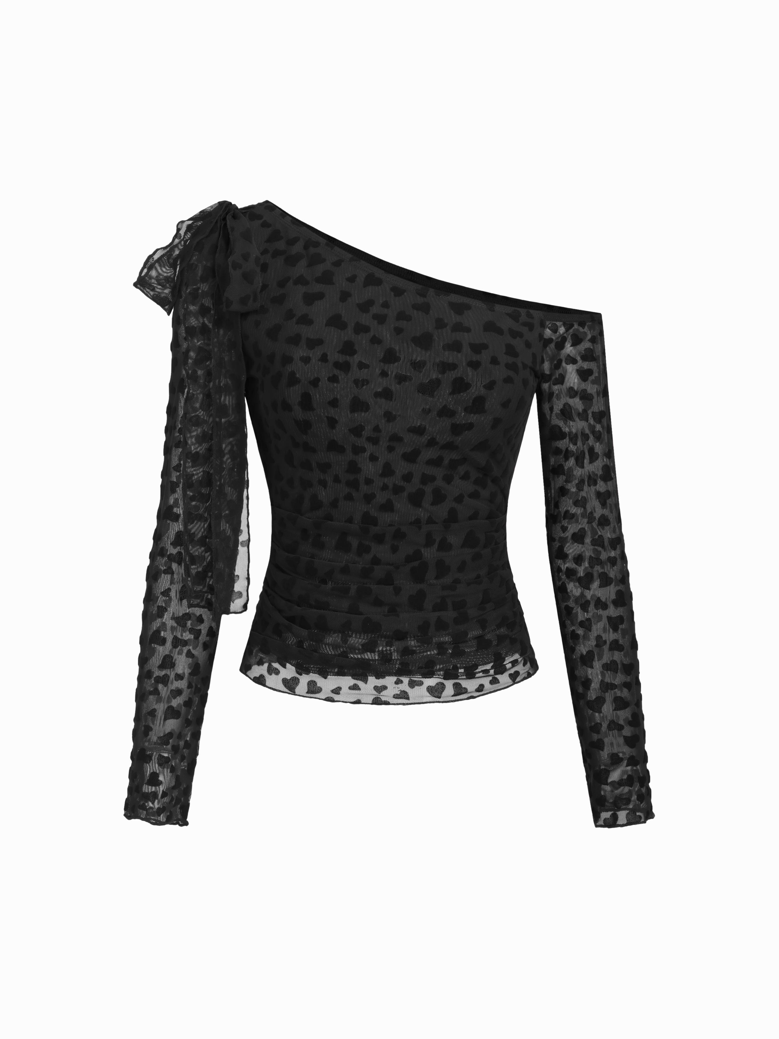 Mesh Flocking Heart Asymmetrical Neck Long Sleeve Top by CIDER