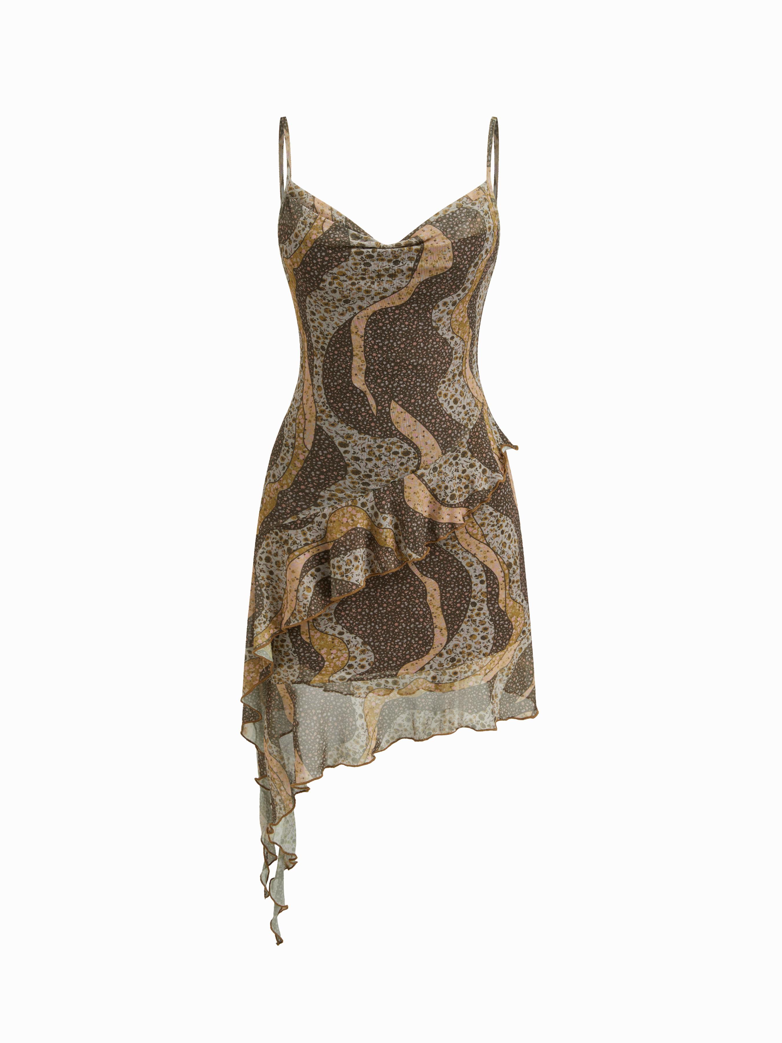 Mesh Floral Abstract Graphic Cowl Neck Asymmetrical Ruffle Mini Dress by CIDER