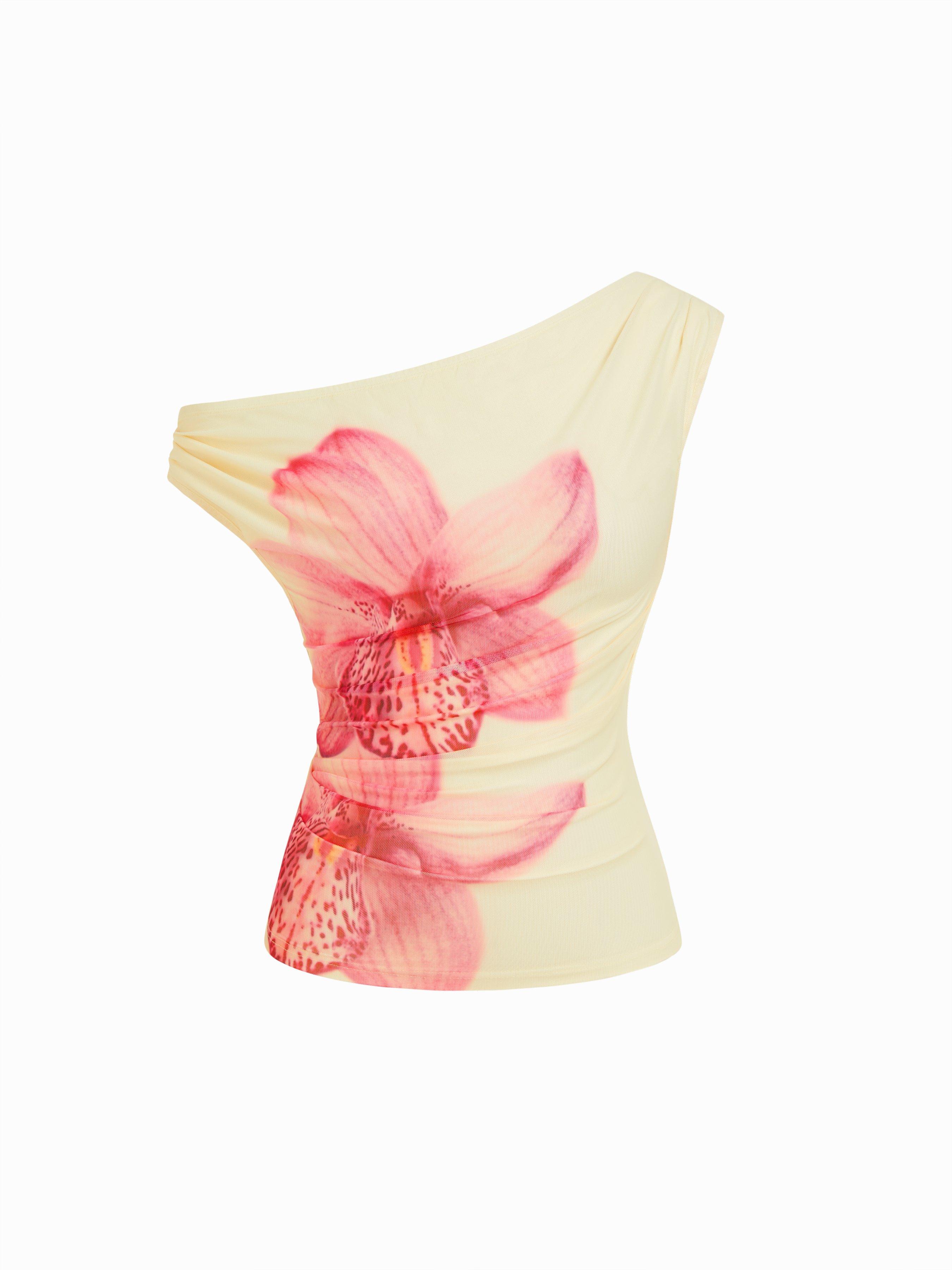 Mesh Floral Asymmetrical Neck Ruched Tank Top by CIDER