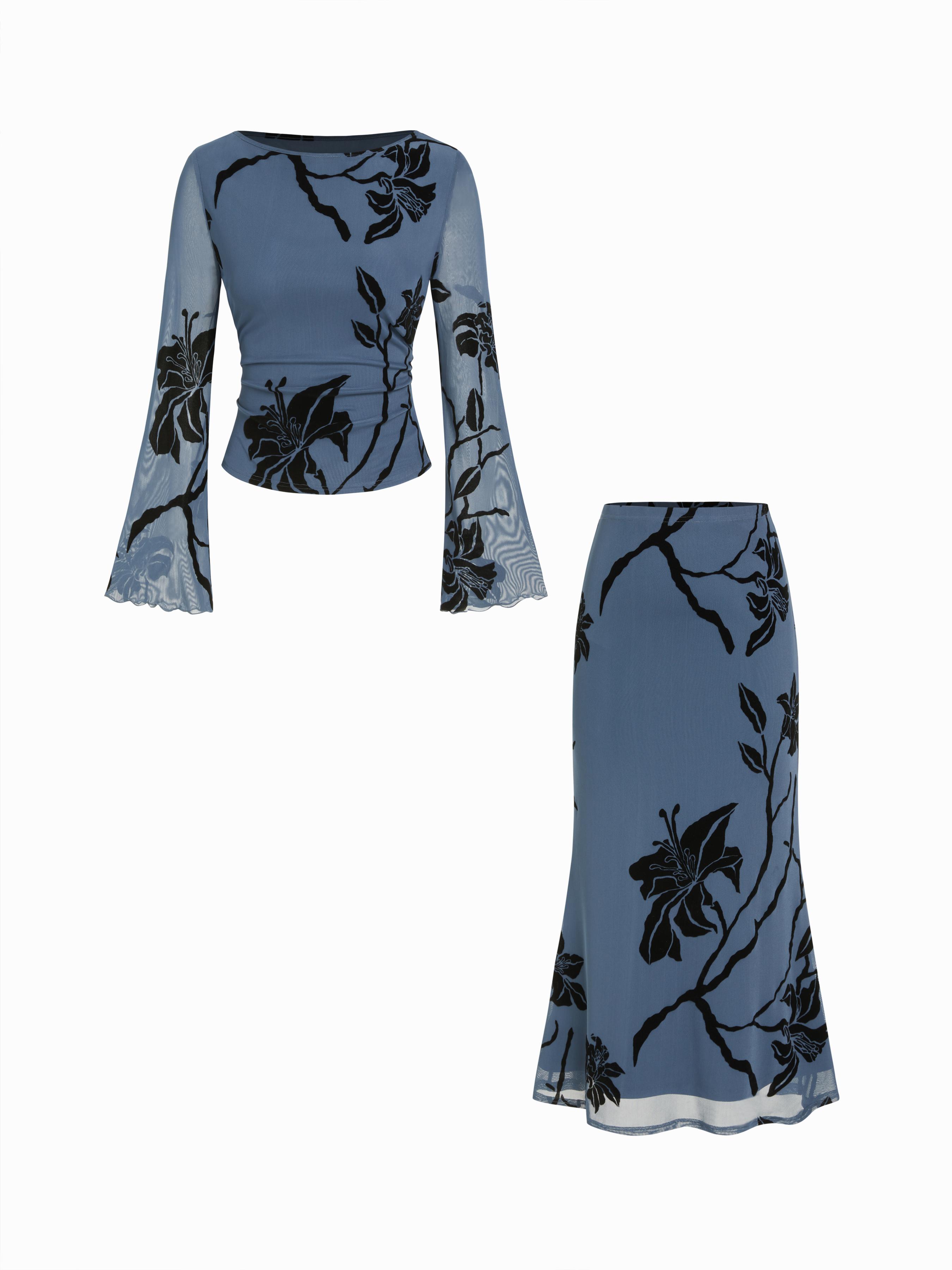 Mesh Floral Boat Neck Bell Sleeve Top & Mid Rise Mermaid Maxi Skirt Set by CIDER