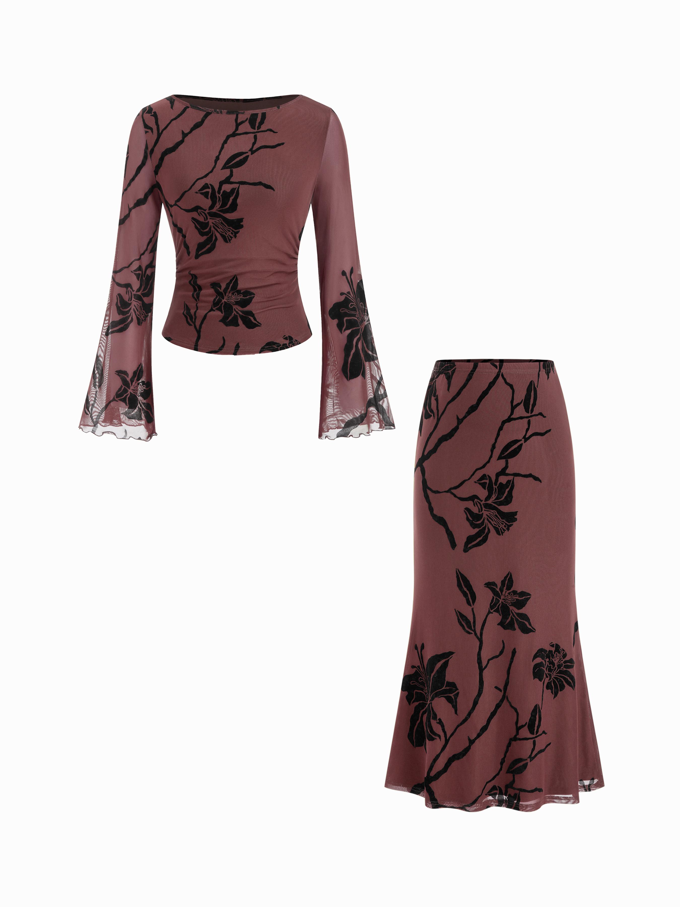 Mesh Floral Boat Neck Bell Sleeve Top & Mid Rise Mermaid Maxi Skirt Set by CIDER