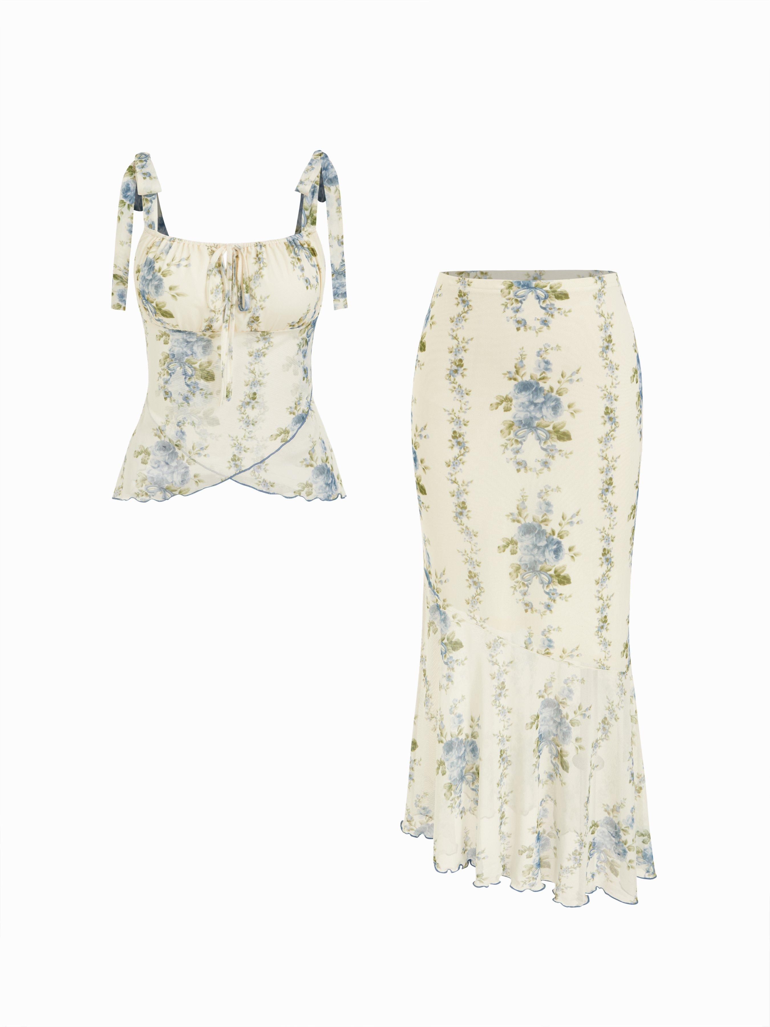 Mesh Floral Bowknot Cami Top & Mid Rise Maxi Skirt Set by CIDER