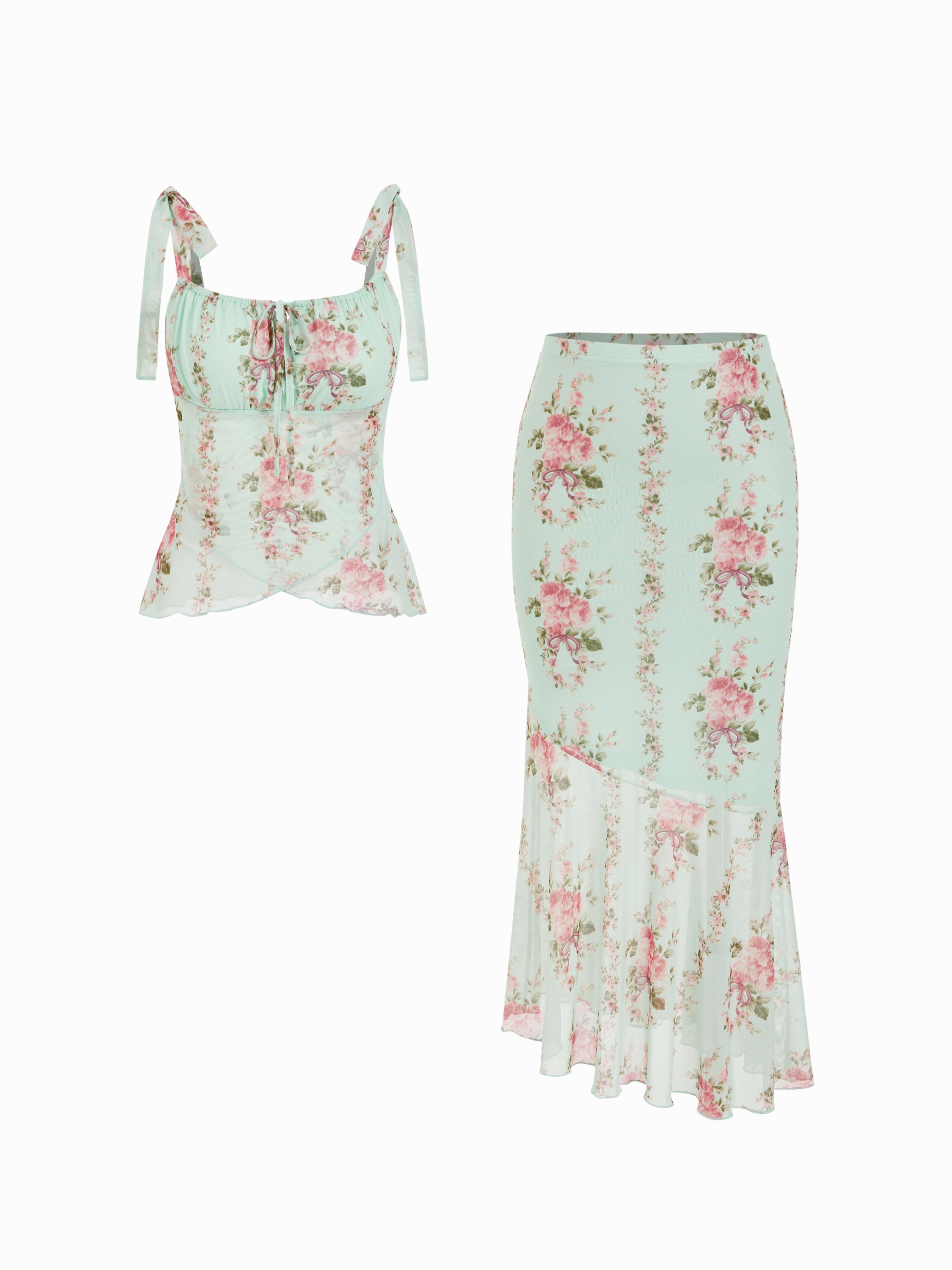 Mesh Floral Bowknot Cami Top & Mid Rise Maxi Skirt Set by CIDER