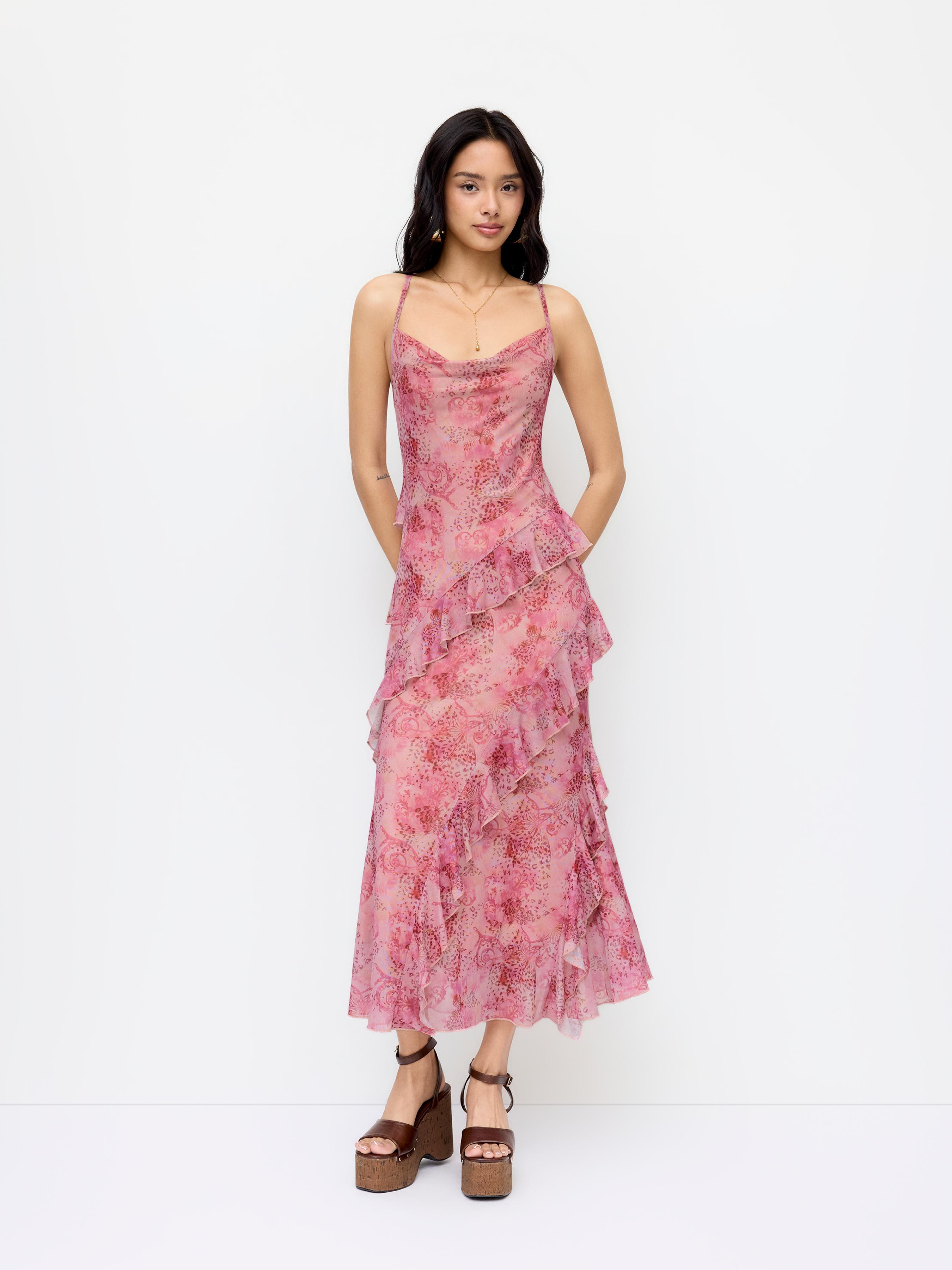 Mesh Floral Cowl Neck Ruffled Mermaid Maxi Dress by CIDER