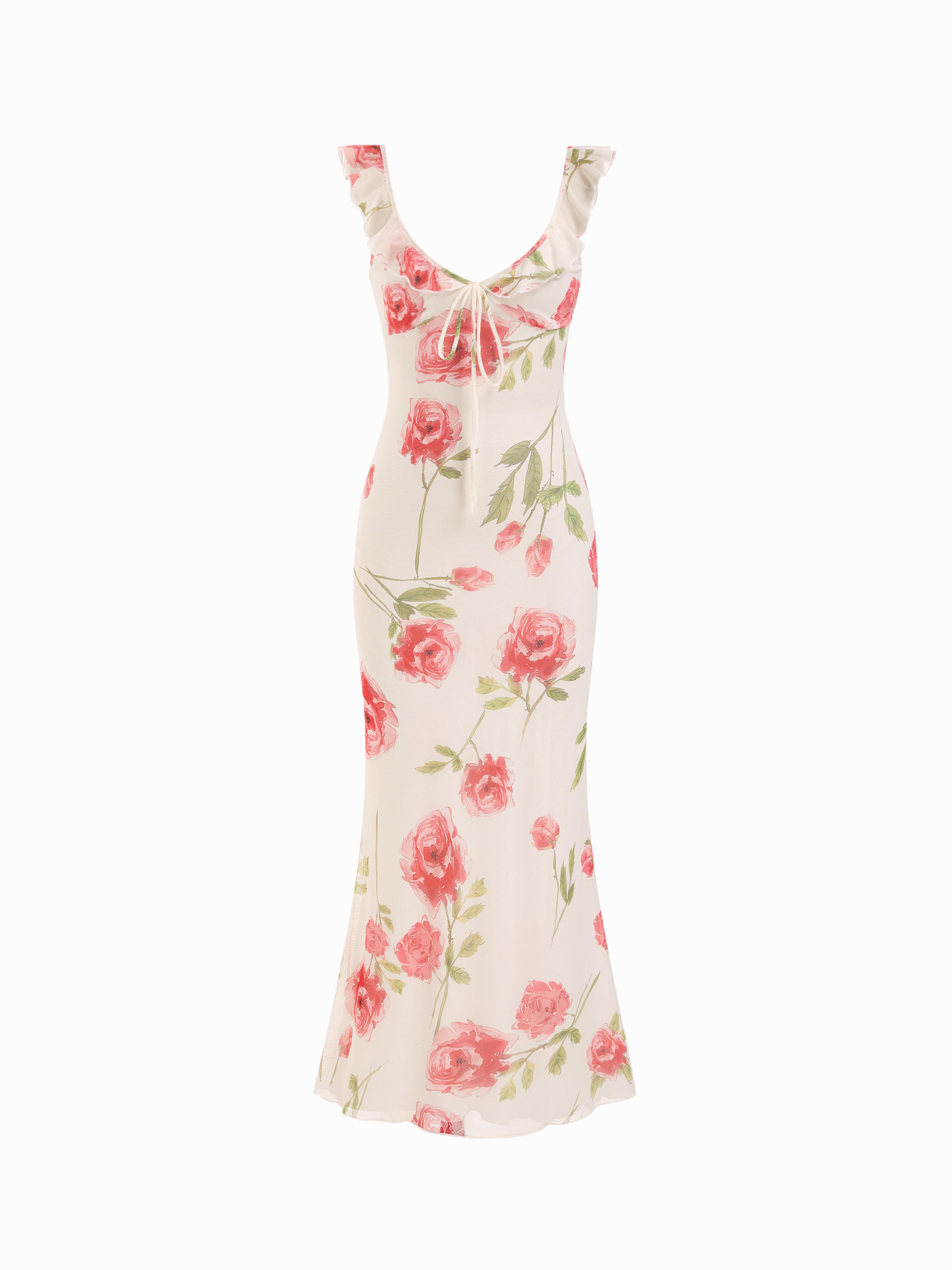 Mesh Floral Graphic V-neck Knotted Mermaid Maxi Dress by CIDER