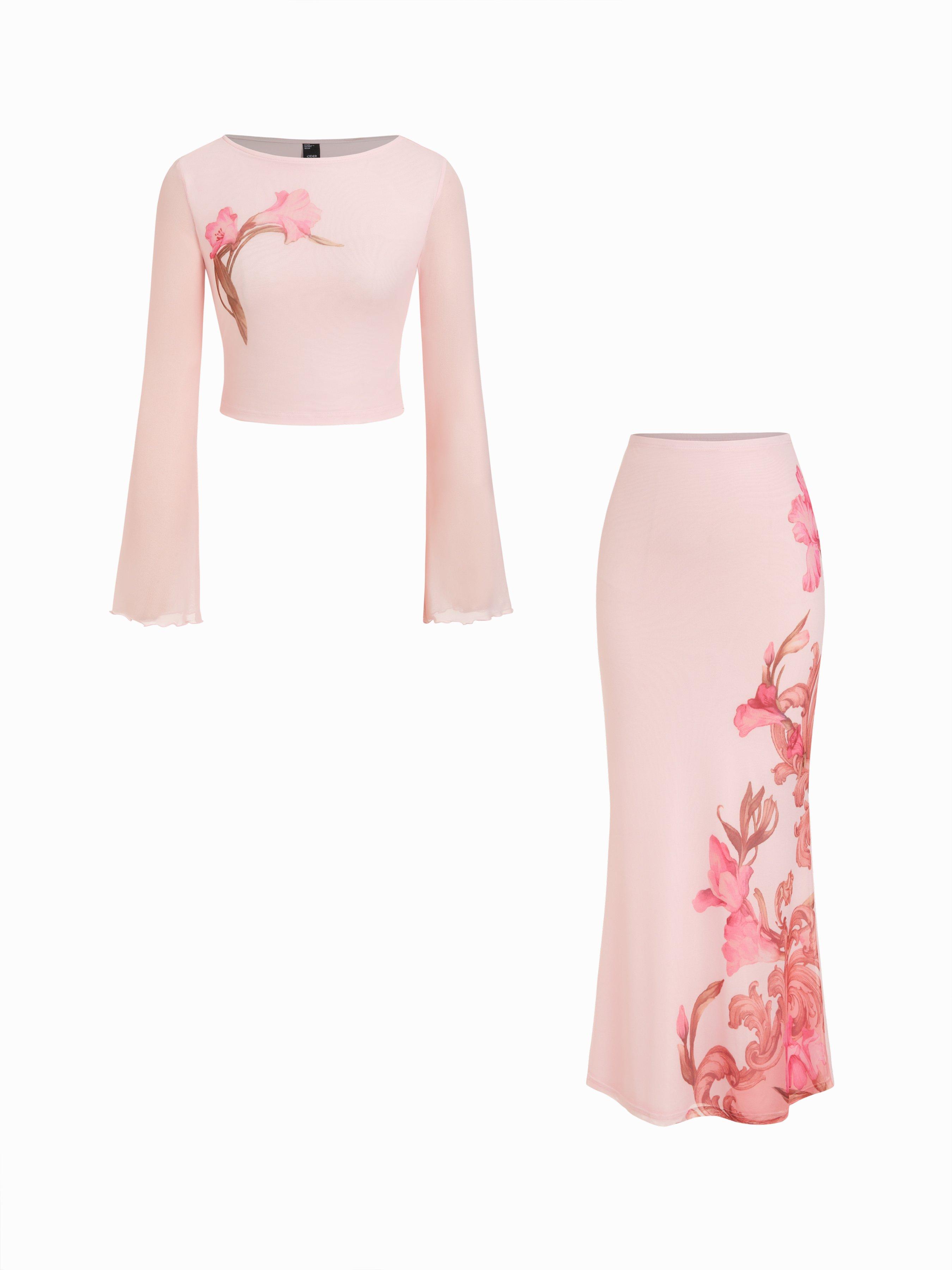 Mesh Floral Lettuce Trim Crop Top & Mid Rise Ruffle Maxi Skirt Set by CIDER