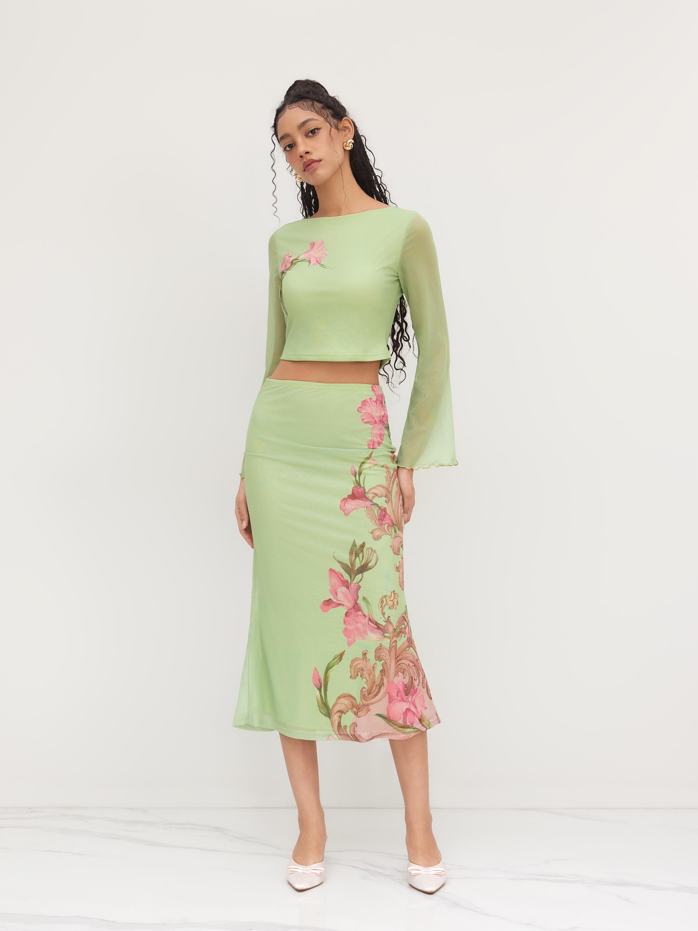 Mesh Floral Lettuce Trim Crop Top & Mid Rise Ruffle Maxi Skirt Set by CIDER
