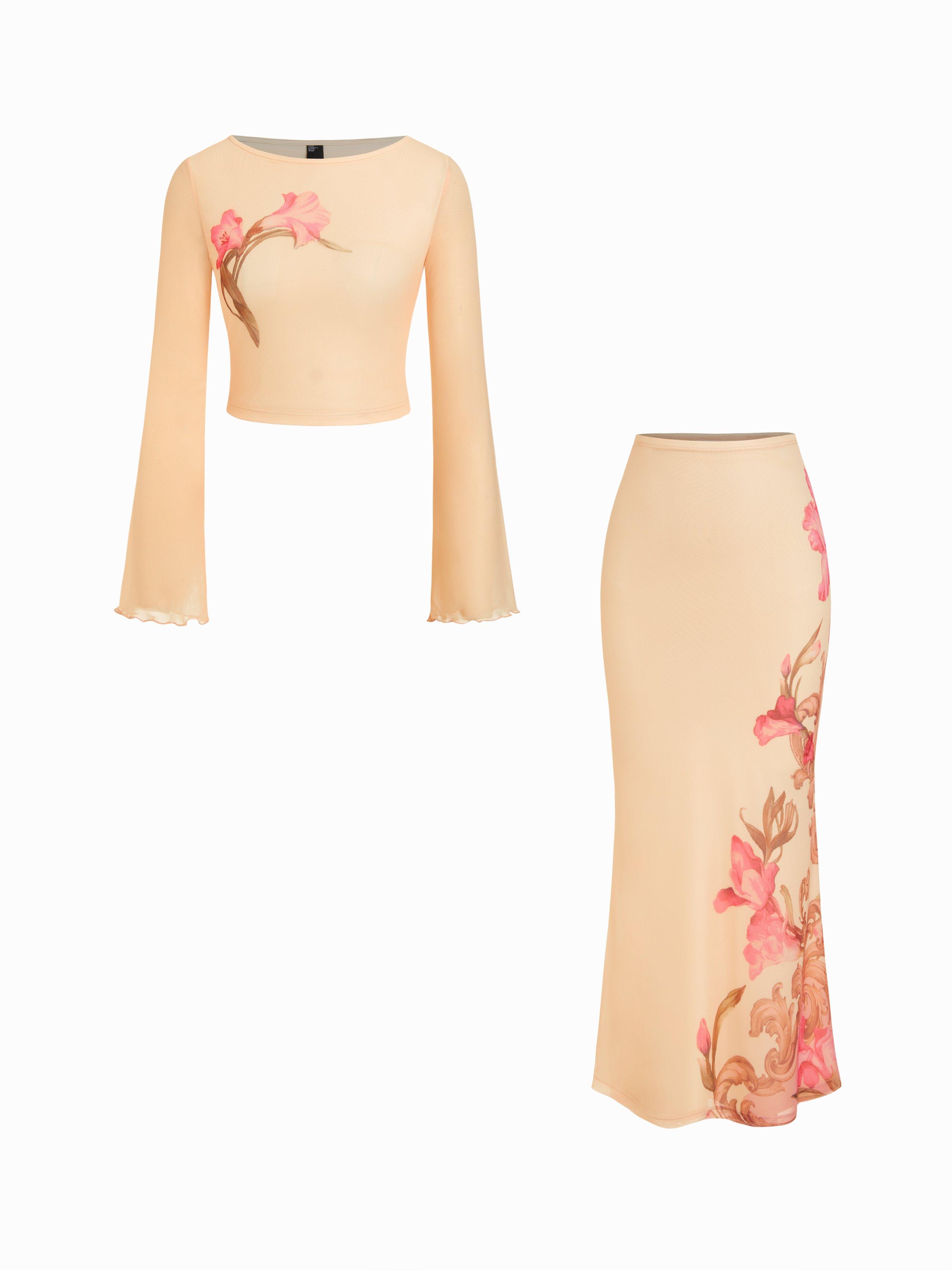 Mesh Floral Lettuce Trim Crop Top & Mid Rise Ruffle Maxi Skirt Set by CIDER
