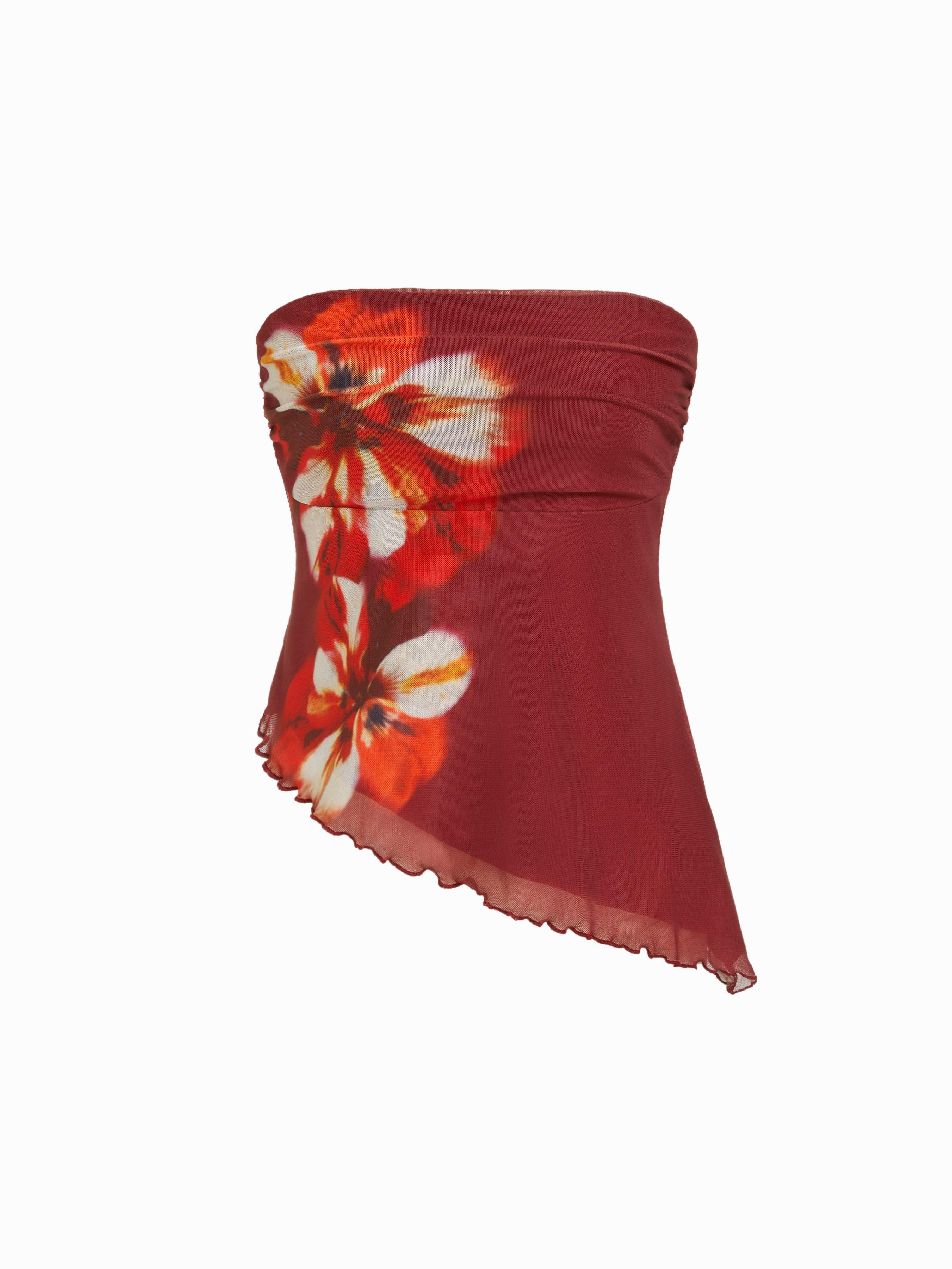 Mesh Floral Ruched Asymmetrical Hem Lettuce Trim Bandeau Top by CIDER