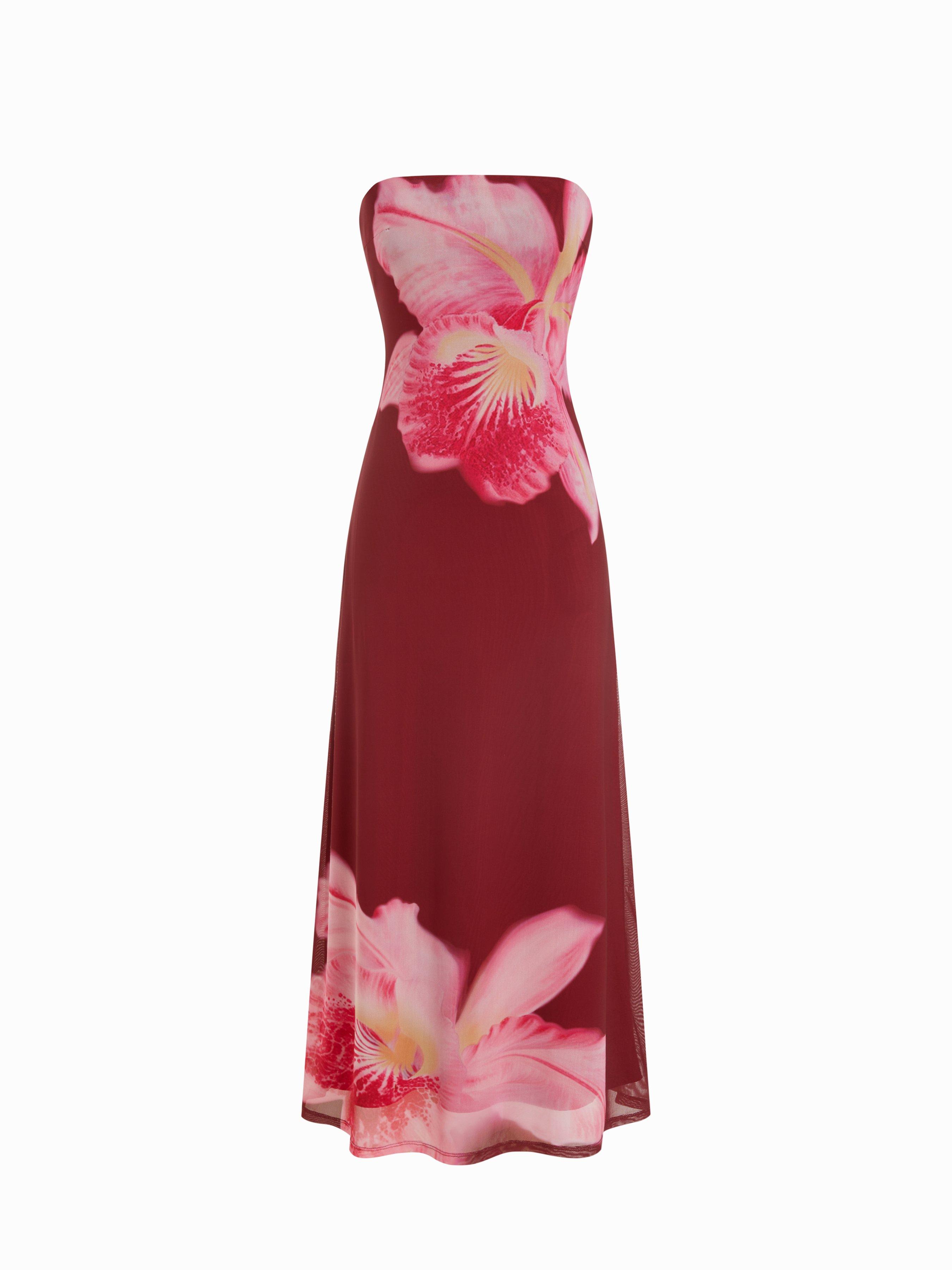 Mesh Floral Strapless A-line Maxi Dress by CIDER