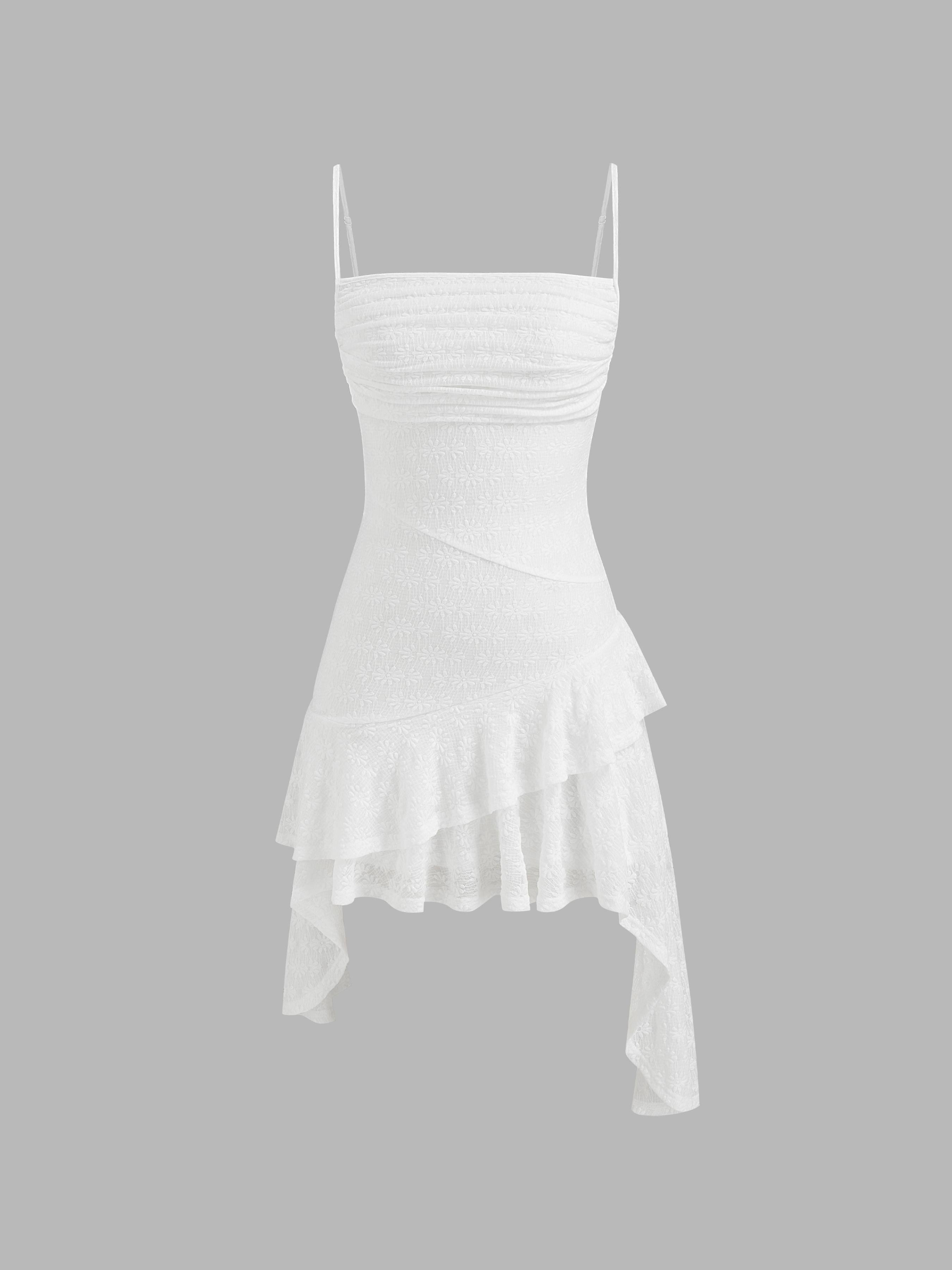 Mesh Floral Texture Ruched Asymmetrical Ruffle Hem Mini Dress by CIDER