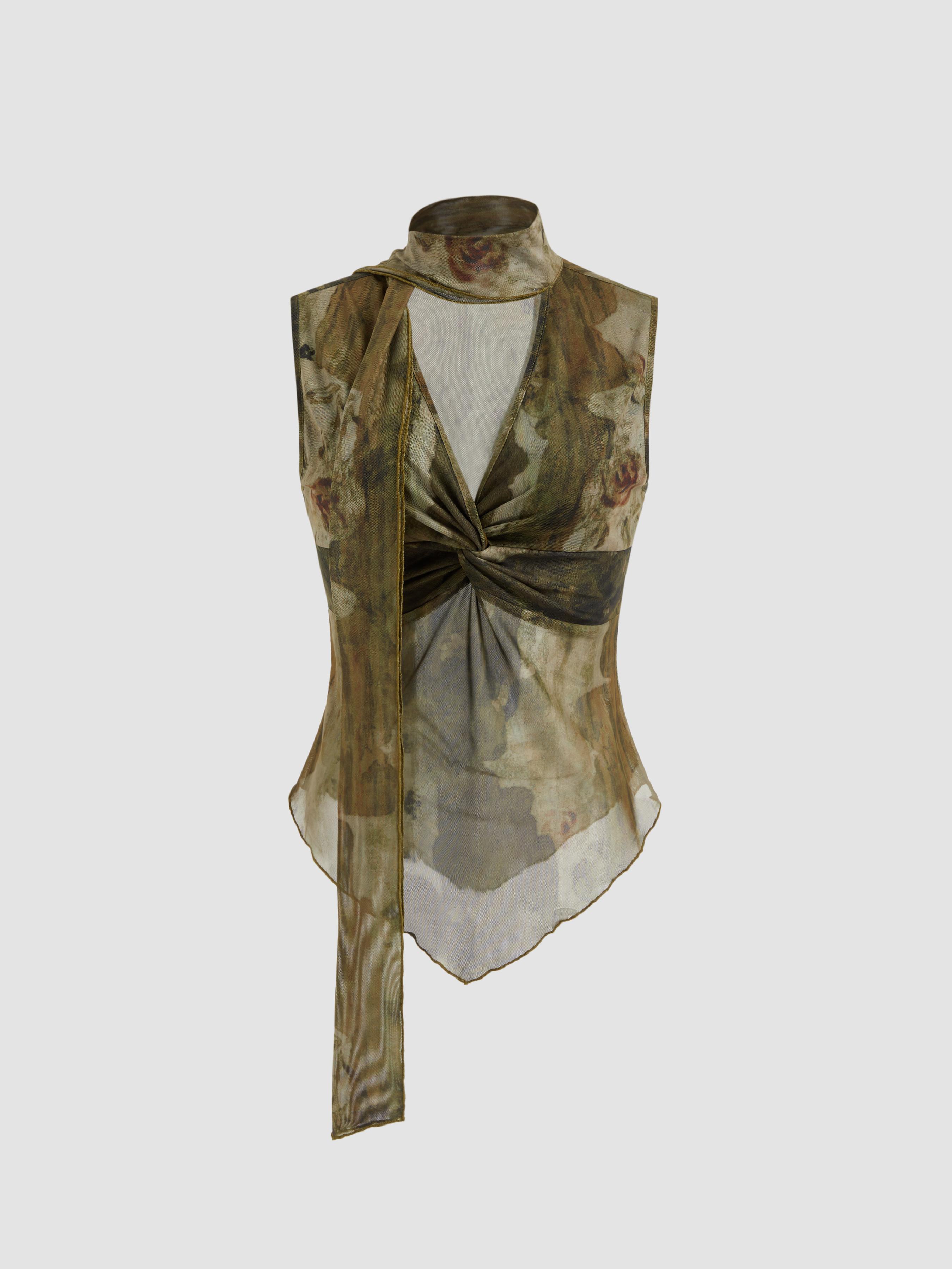 Mesh Floral Twist Lettuce Trim Tank Top With Scarf by CIDER