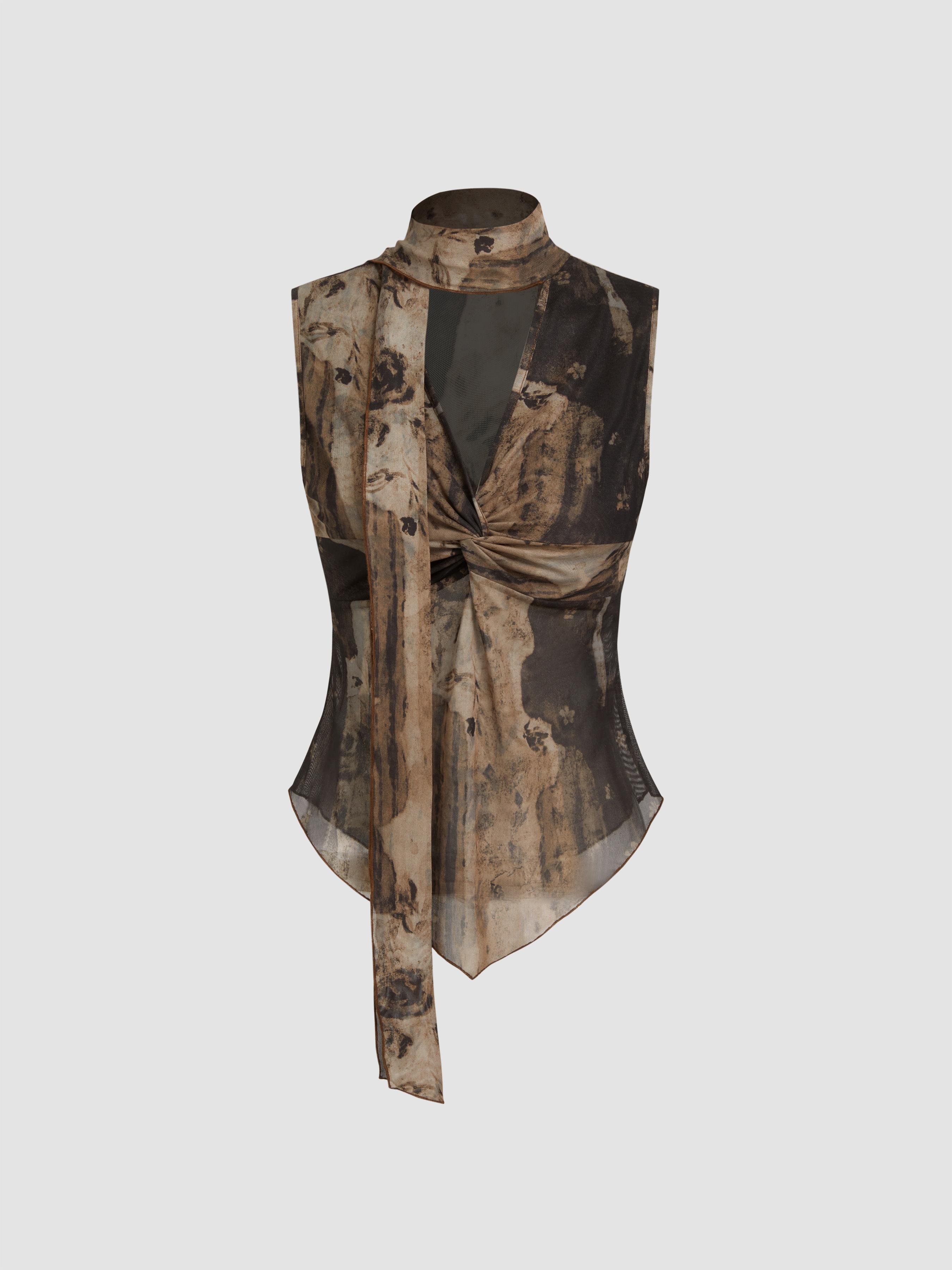 Mesh Floral Twist Lettuce Trim Tank Top With Scarf by CIDER