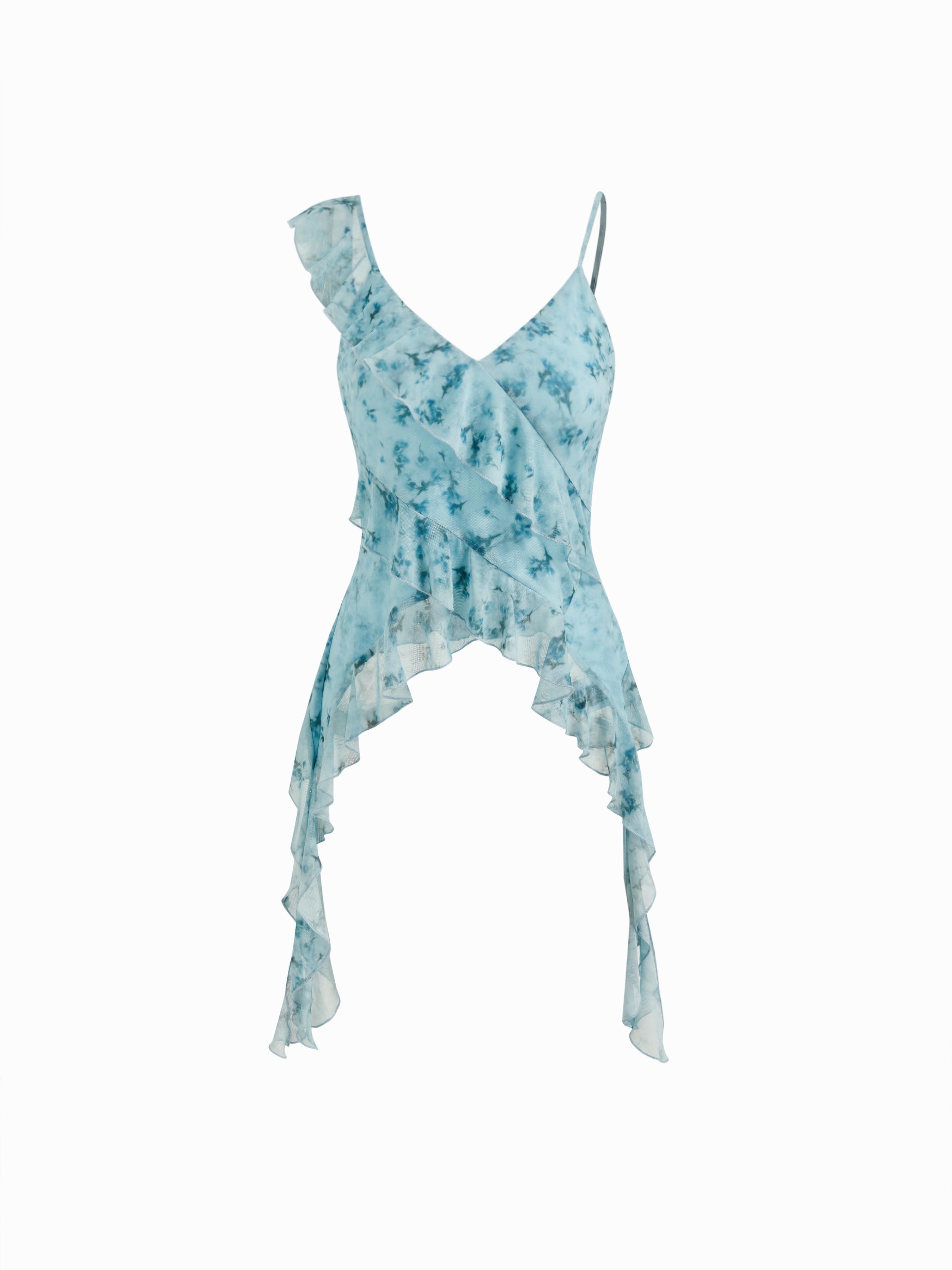 Mesh Floral V-neck Asymmetrical Ruffle Trim Cami Top by CIDER