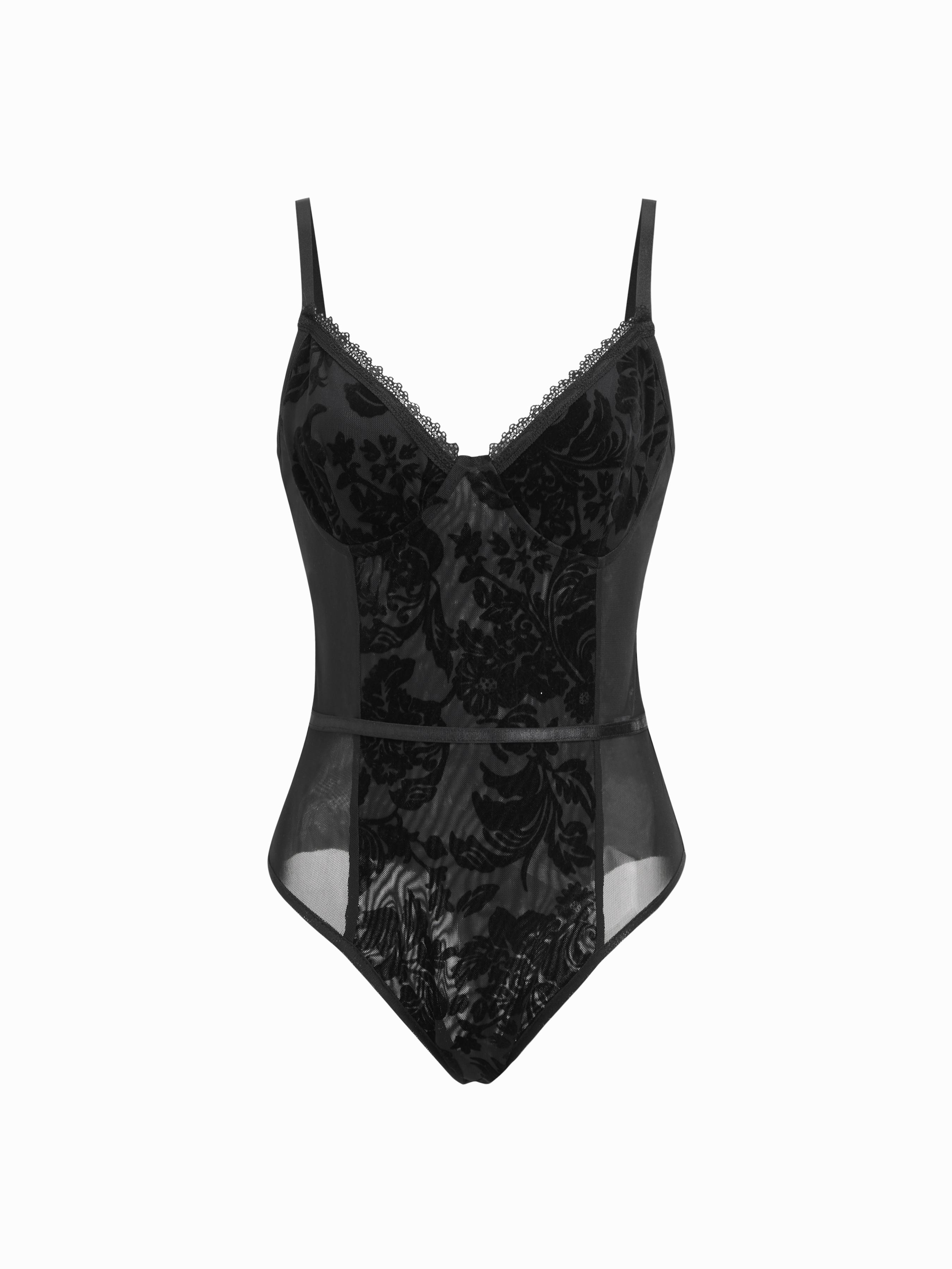 Mesh Floral V-neck Lace Trim Cami Bodysuit by CIDER