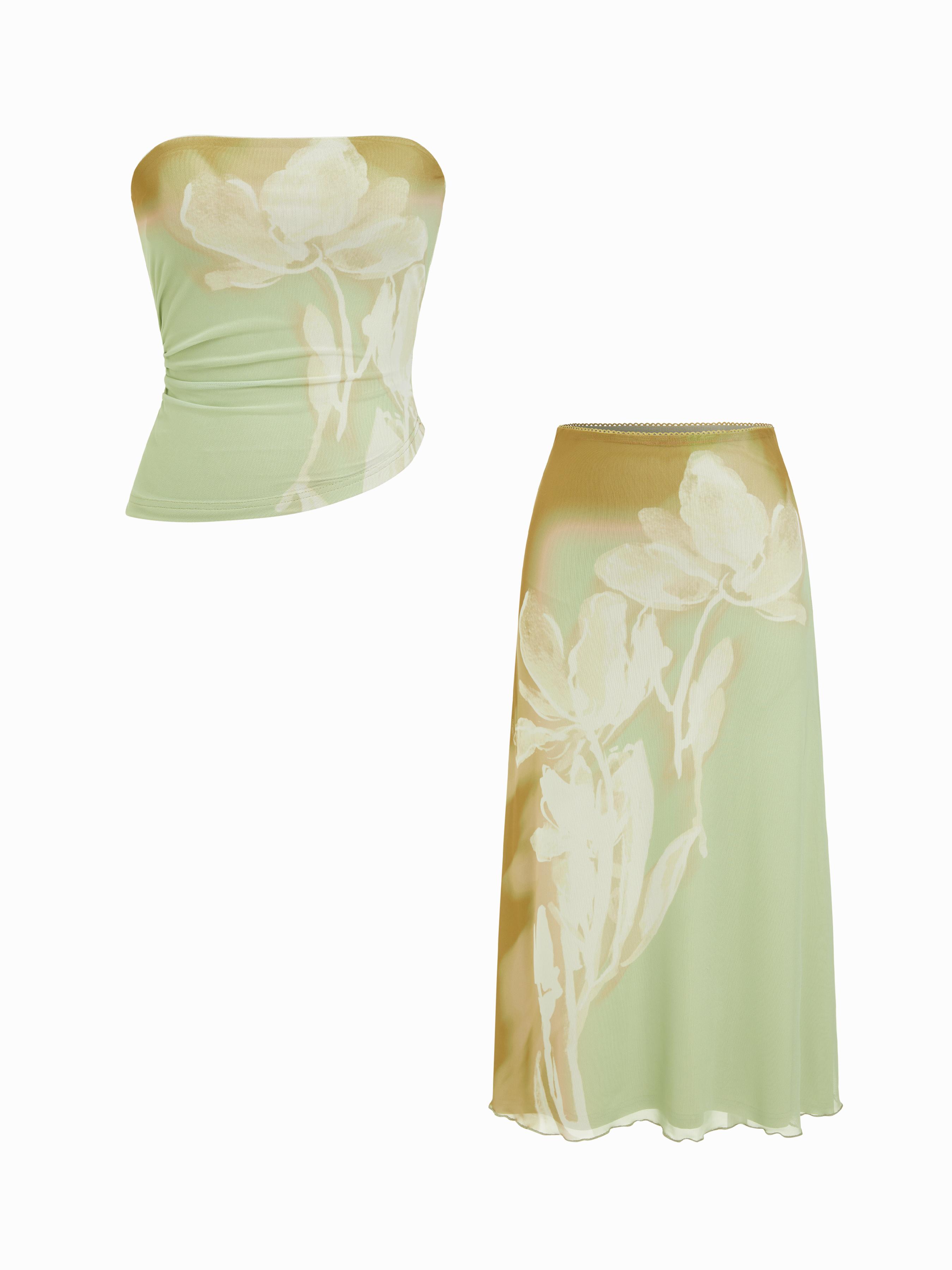 Mesh Floral Wrap Tube Top & Mid Rise Pencil Maxi Skirt Set by CIDER