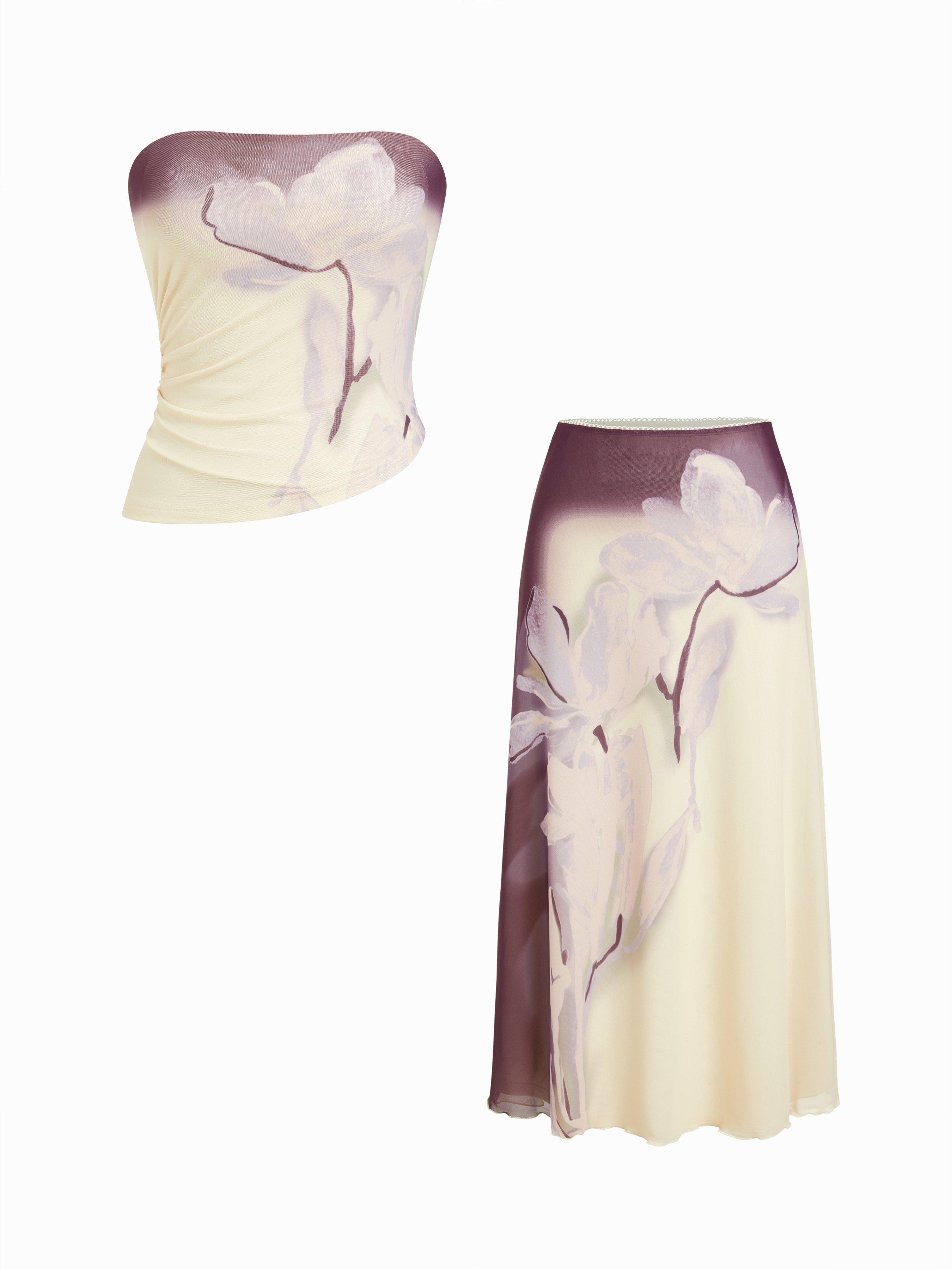 Mesh Floral Wrap Tube Top & Mid Rise Pencil Maxi Skirt Set by CIDER