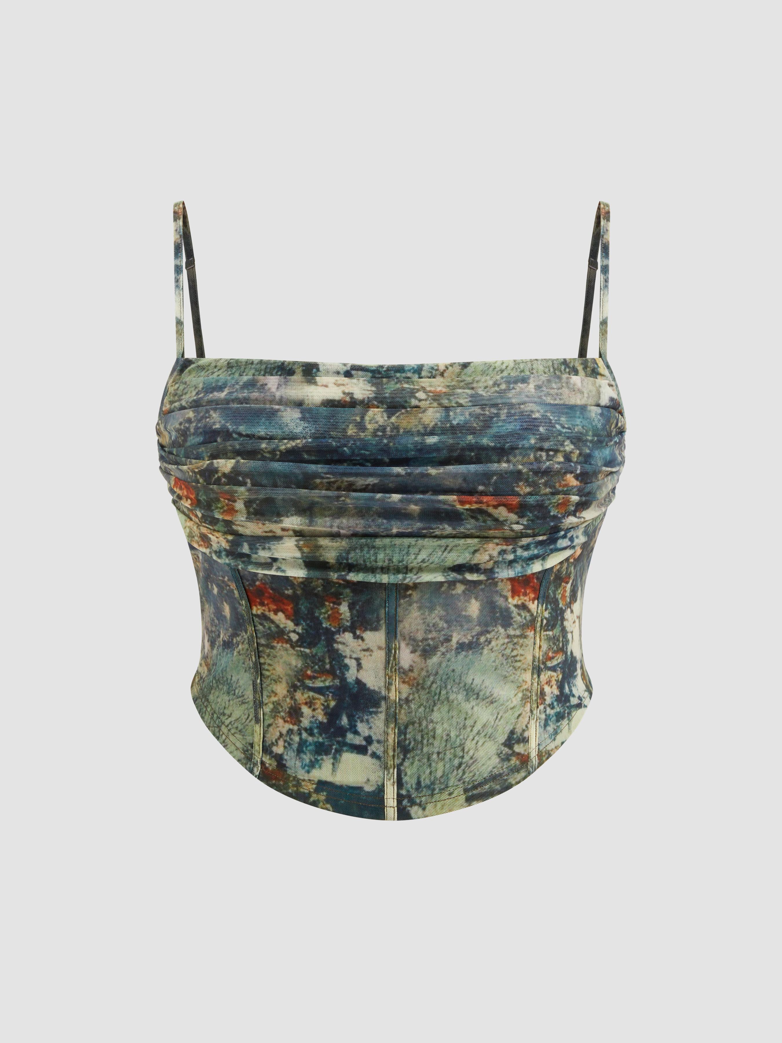 Mesh Graphic Ruched Corset Crop Cami Top Curve & Plus by CIDER