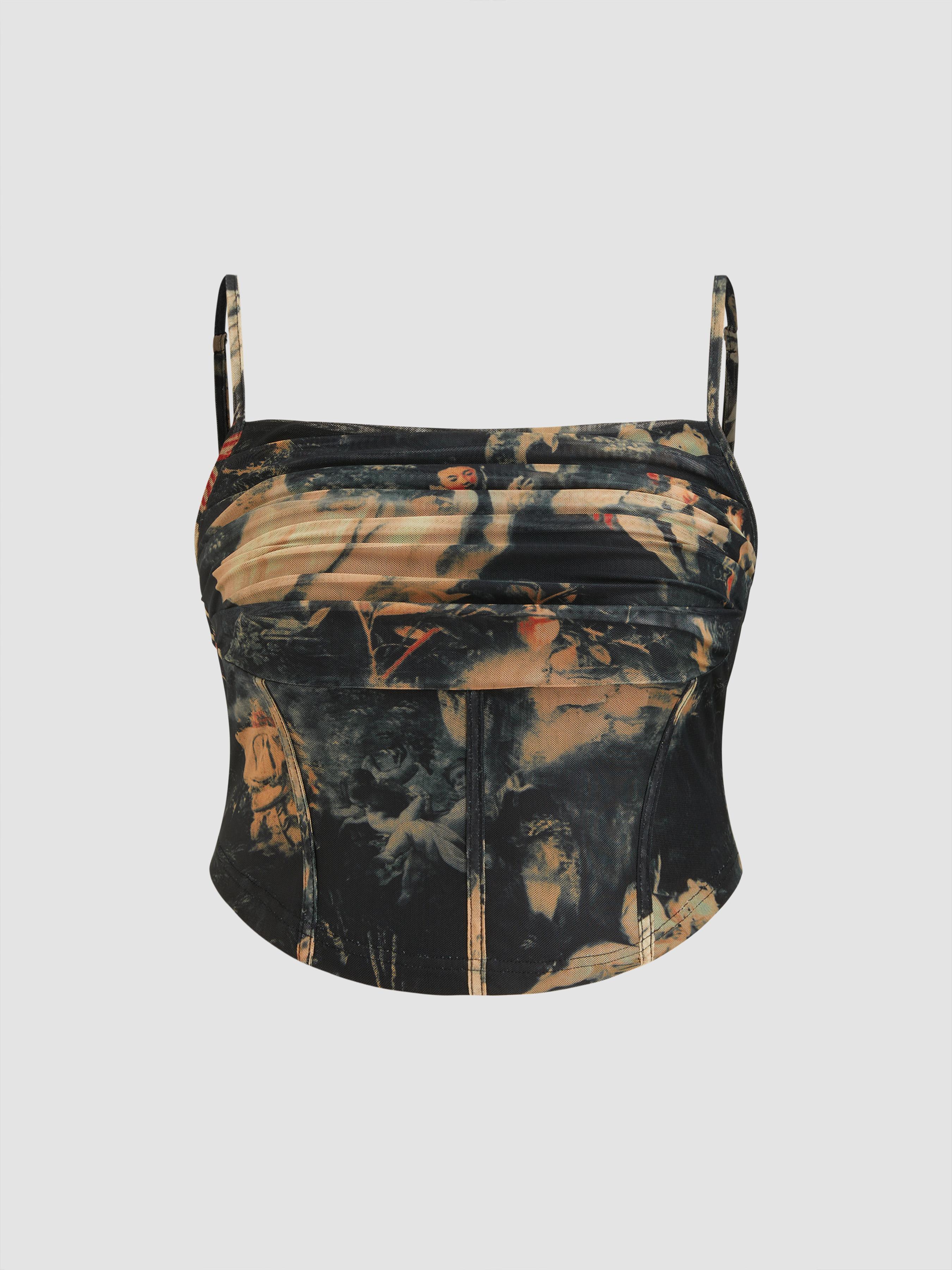 Mesh Graphic Ruched Corset Crop Cami Top Curve & Plus by CIDER