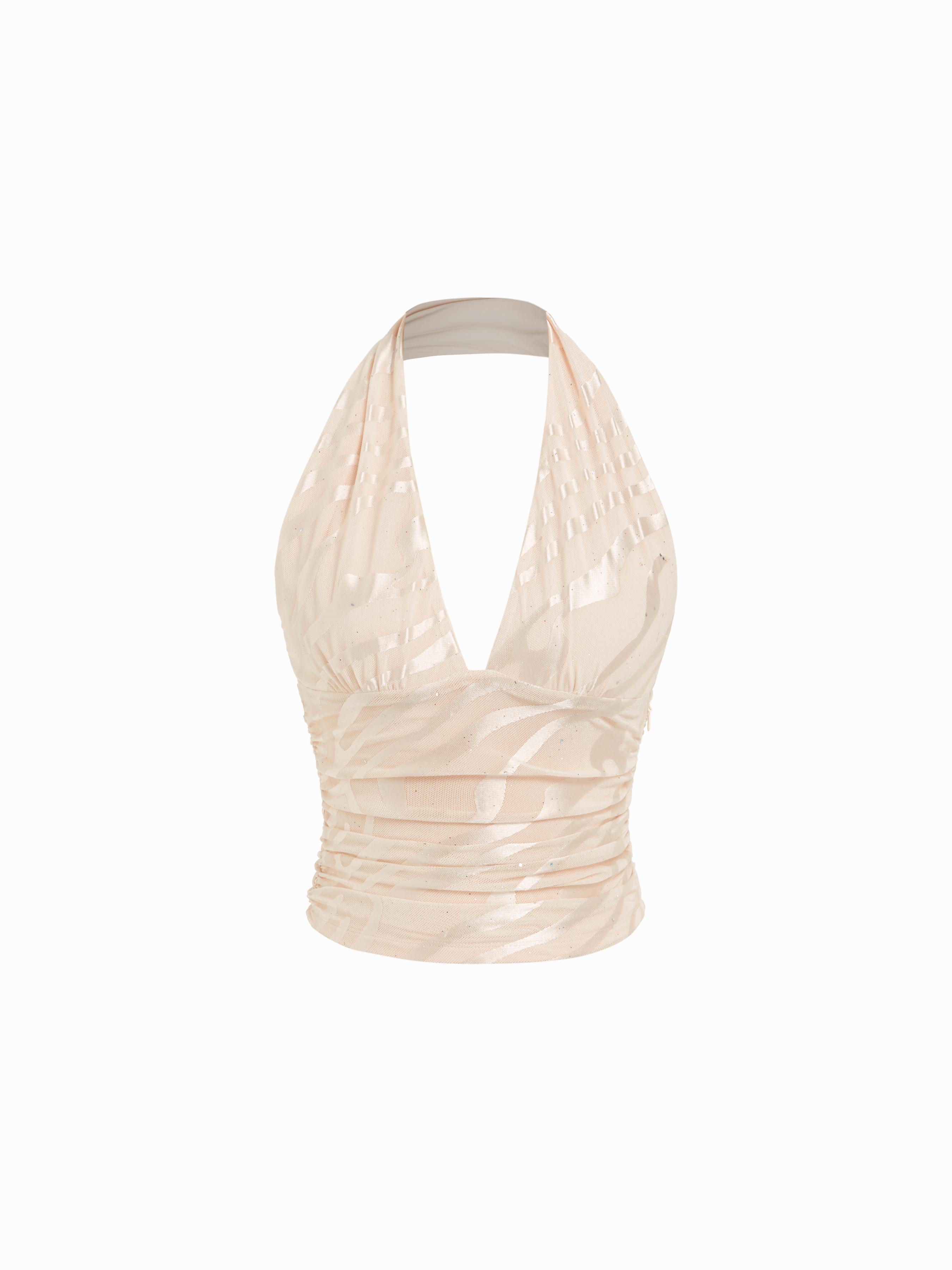 Mesh Halter Neck Ruched Sequin Crop Top by CIDER