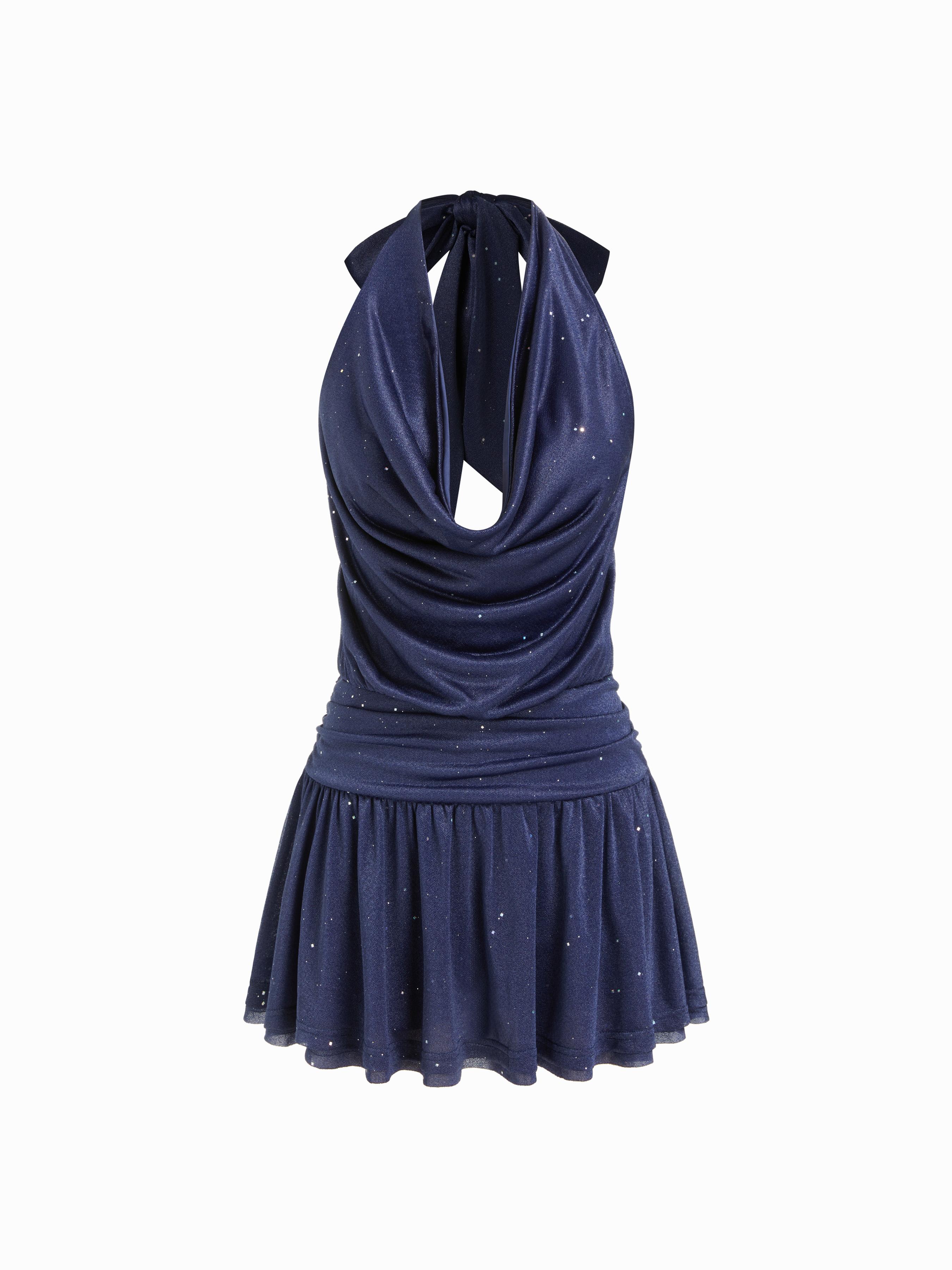 Mesh Halter Neckline Bowknot Skater Mini Dress With Rhinestone Dots by CIDER