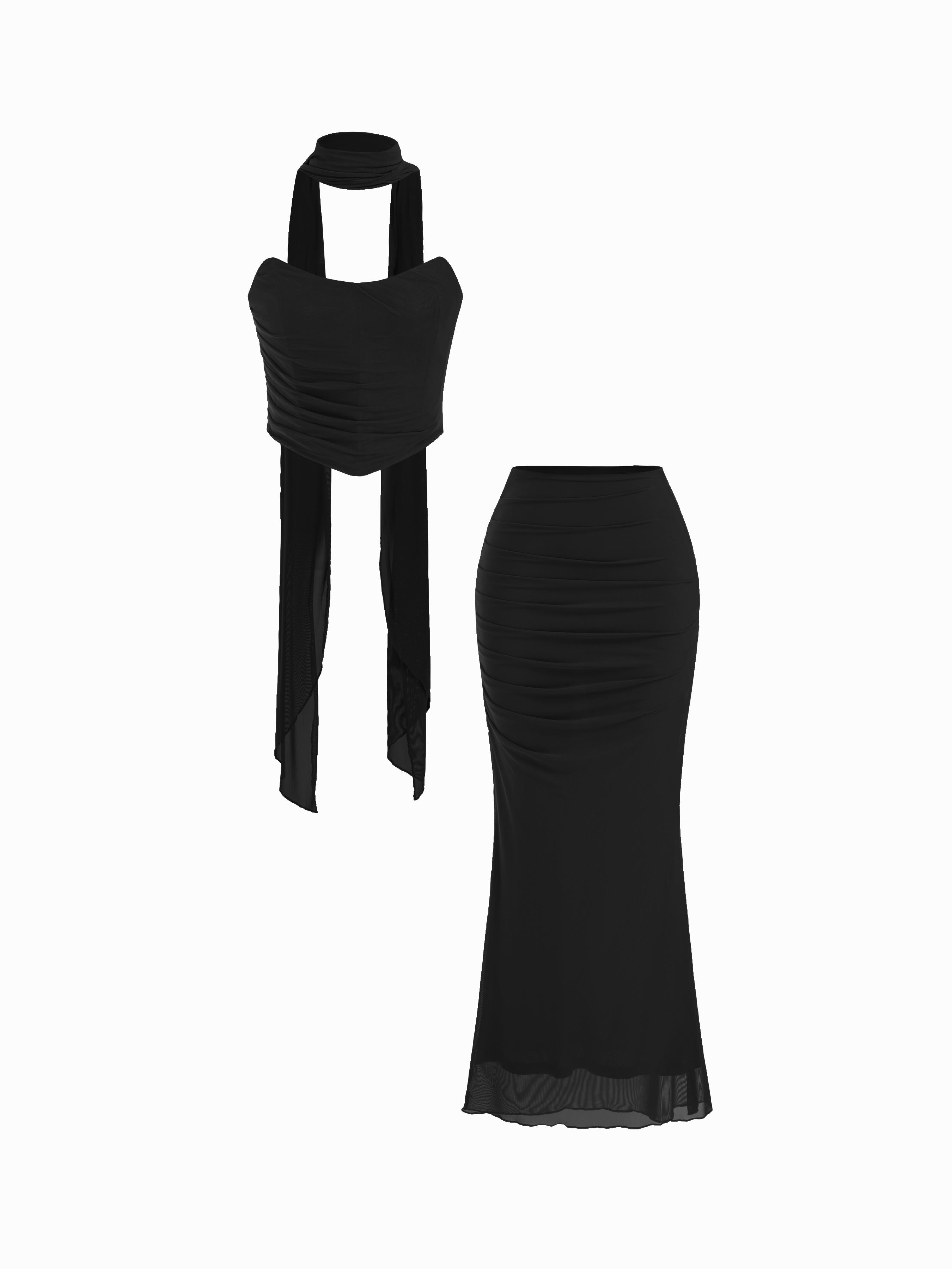 Mesh Halter Neckline Crop Bandeau Top & High Rise Ruched Mermaid Maxi Skirt Set by CIDER