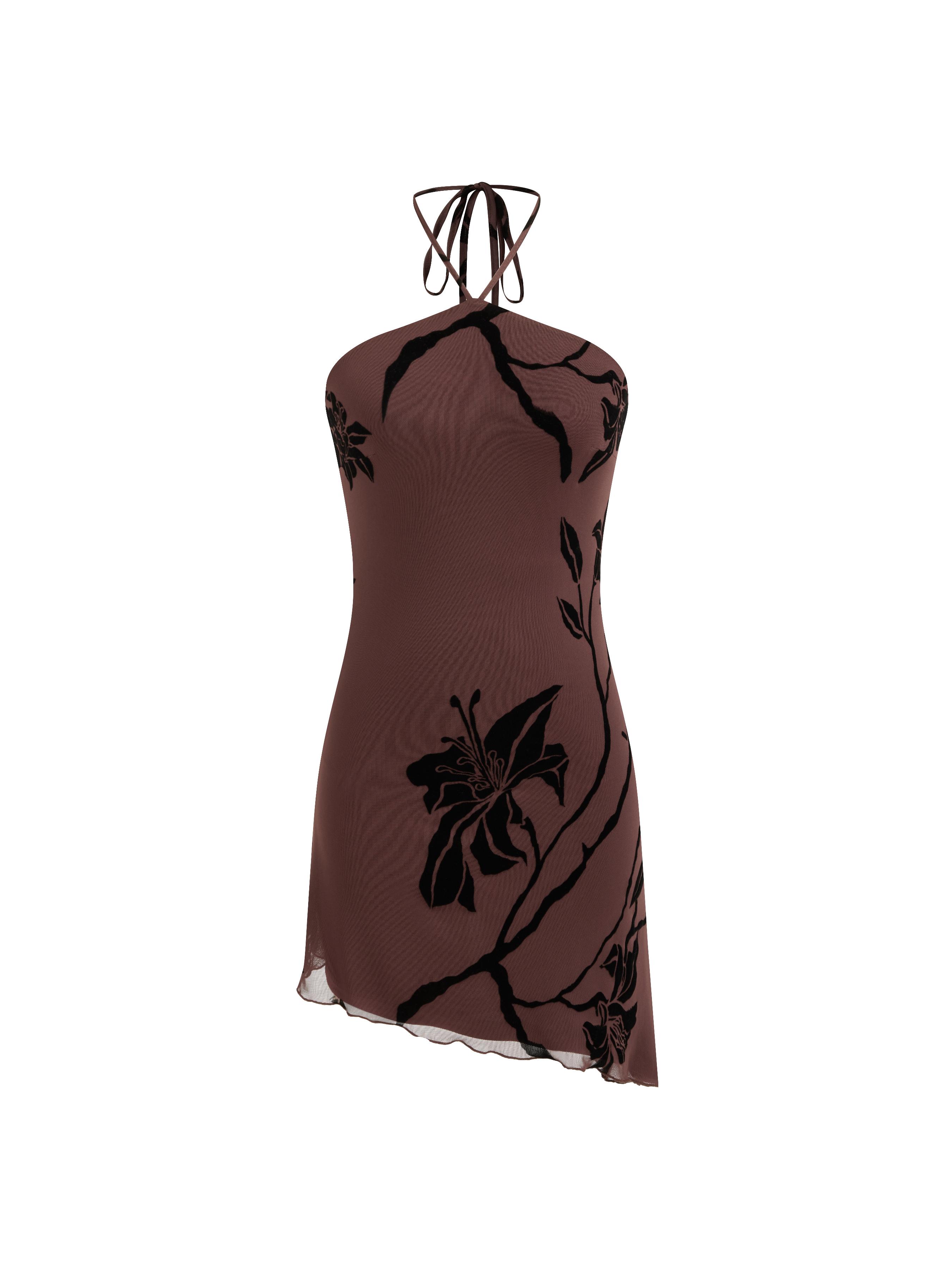 Mesh Halter Neckline Floral Graphic Knotted Asymmetrical Hem Mini Dress by CIDER