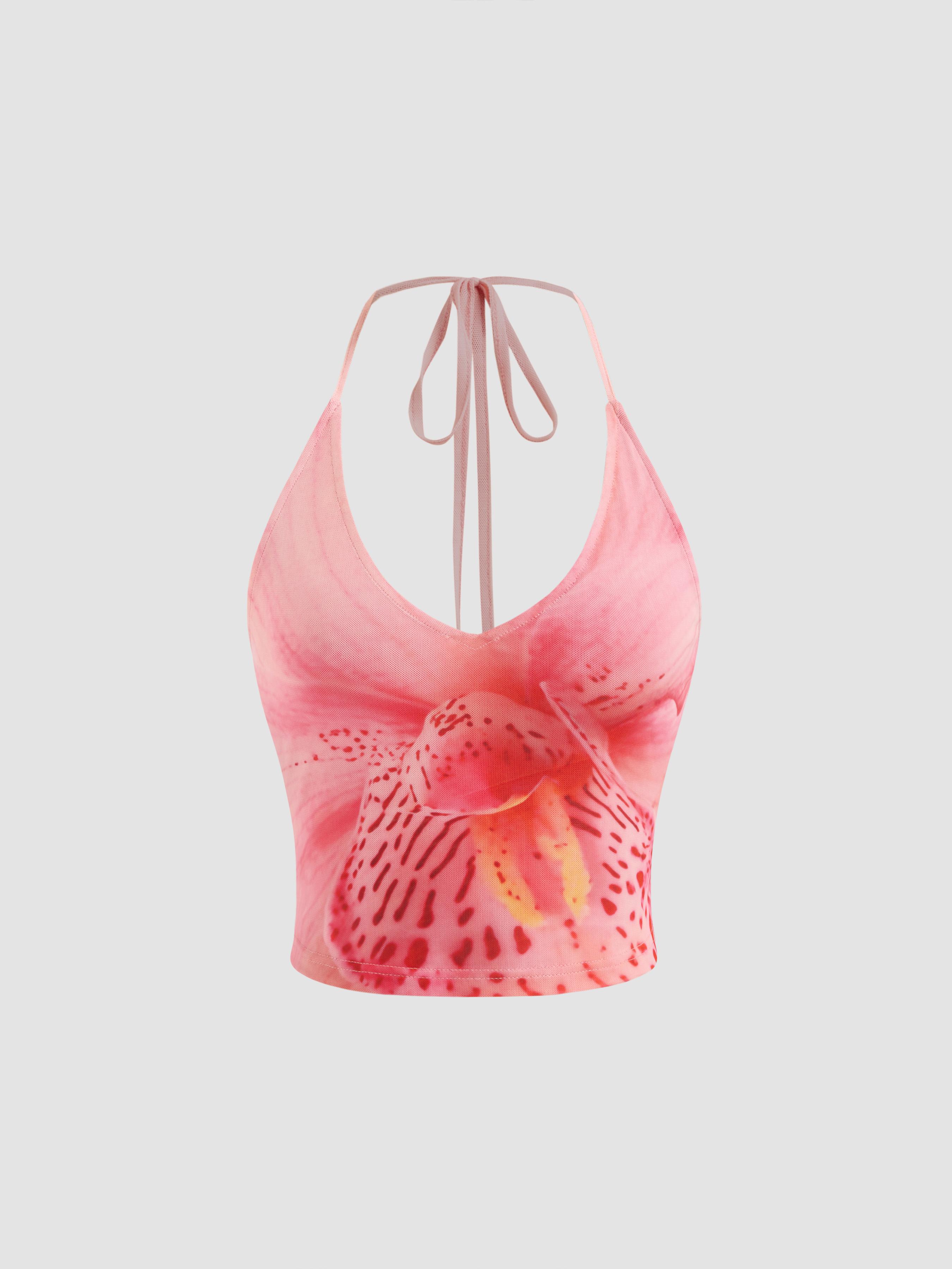 Mesh Halter Neckline Floral Knotted Crop Cami Top by CIDER