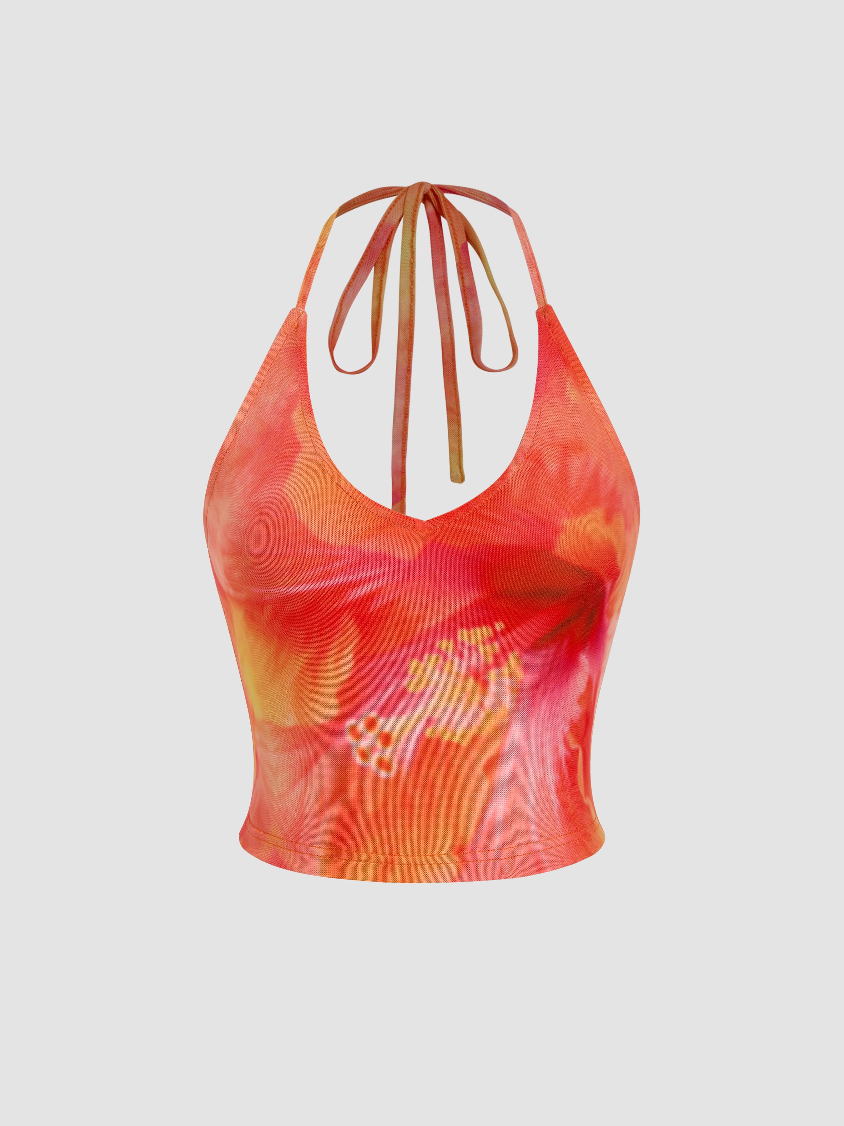 Mesh Halter Neckline Floral Knotted Crop Cami Top by CIDER