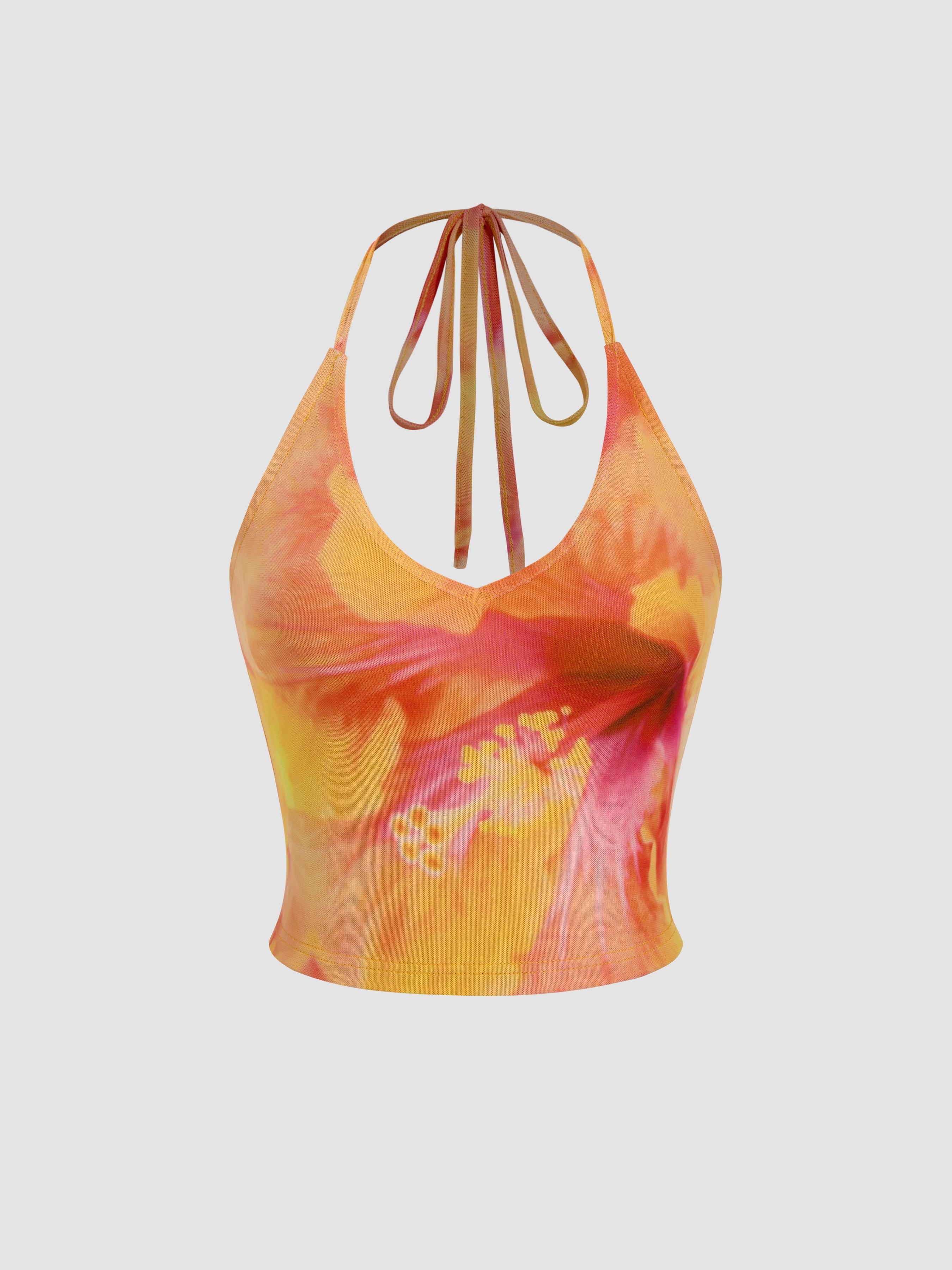 Mesh Halter Neckline Floral Knotted Crop Cami Top by CIDER