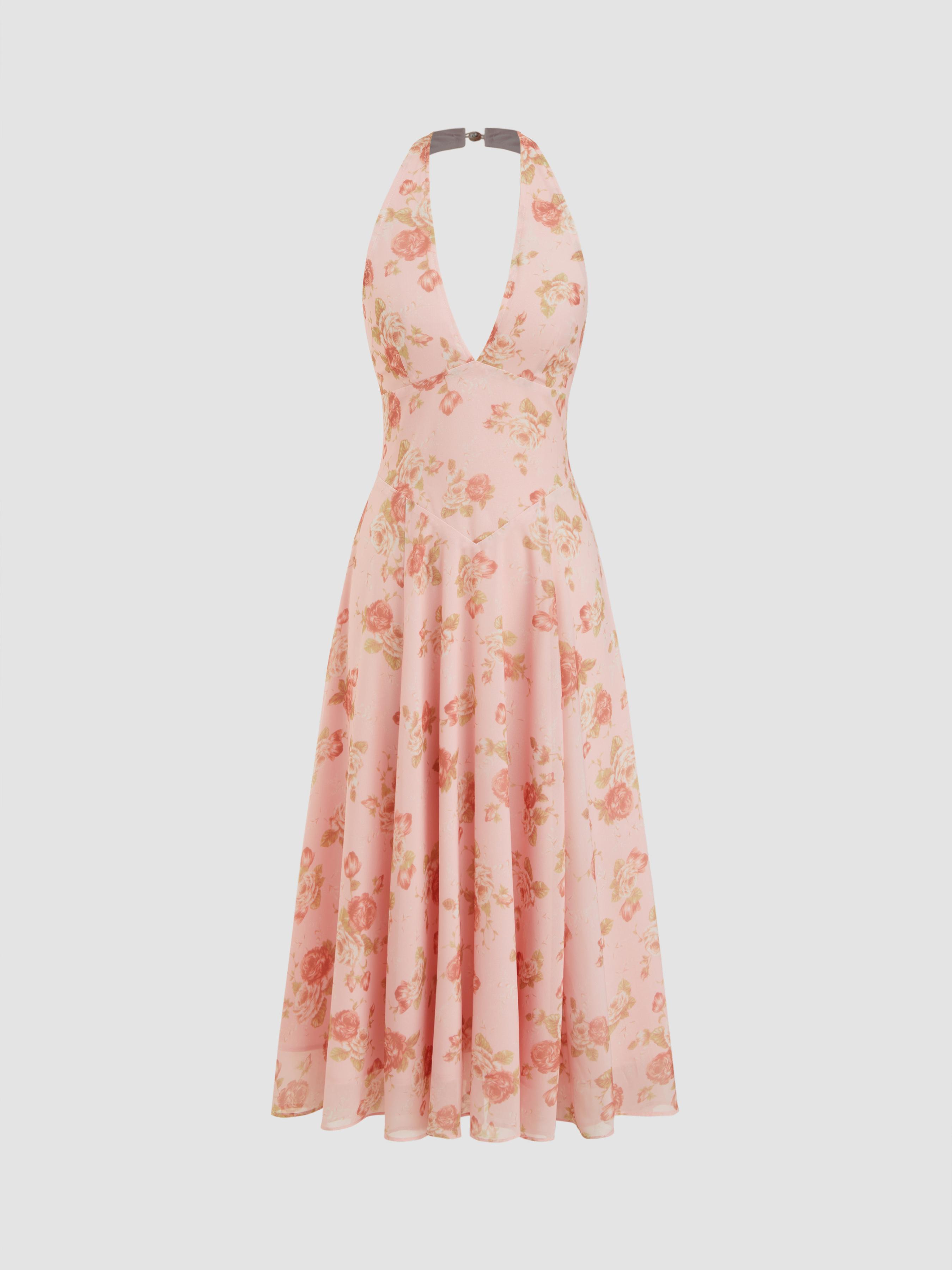Mesh Halter Neckline Floral Ruffle Midi Dress by CIDER