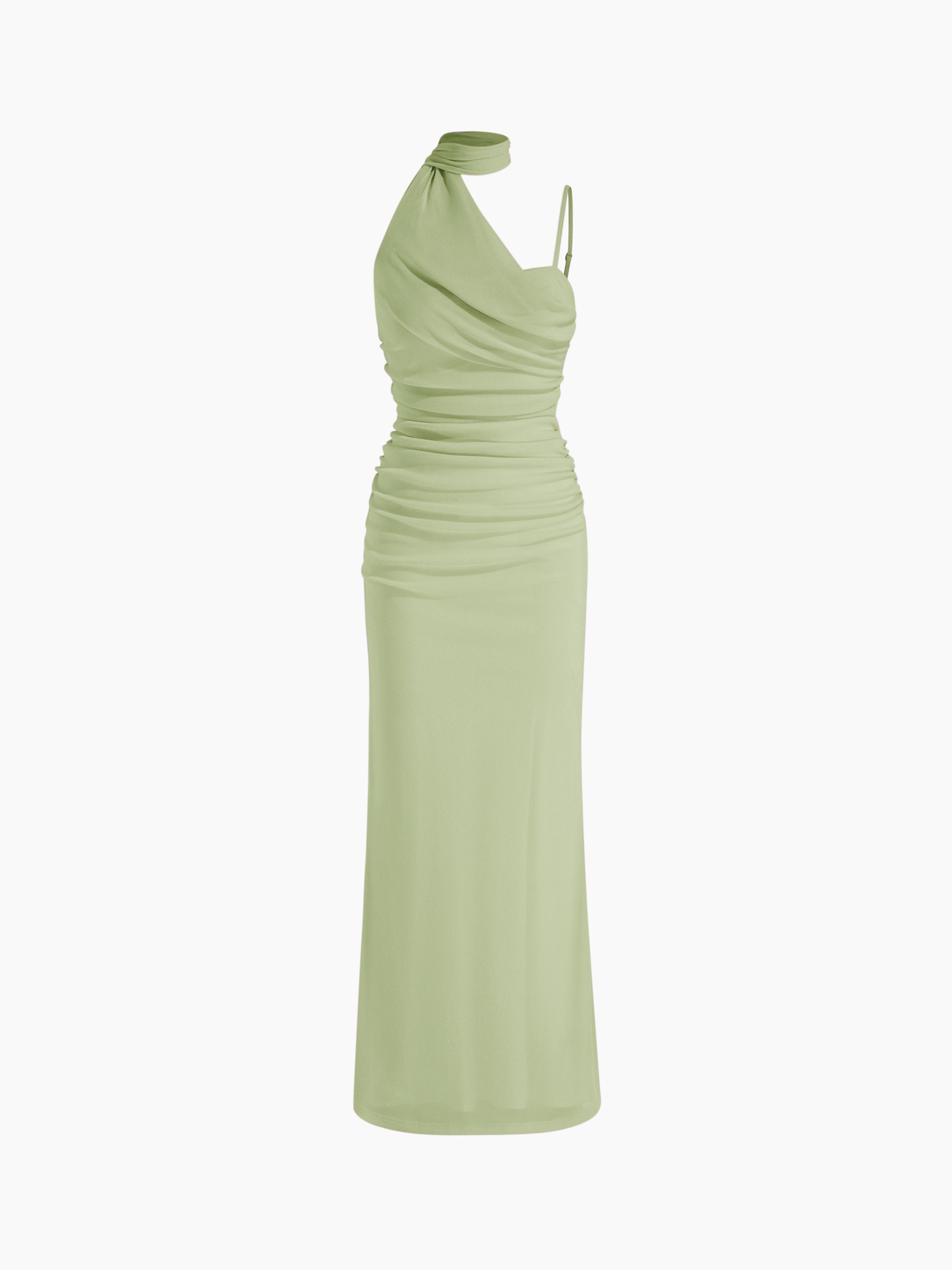 Mesh Halter Neckline Ruched Maxi Dress With Scarf by CIDER