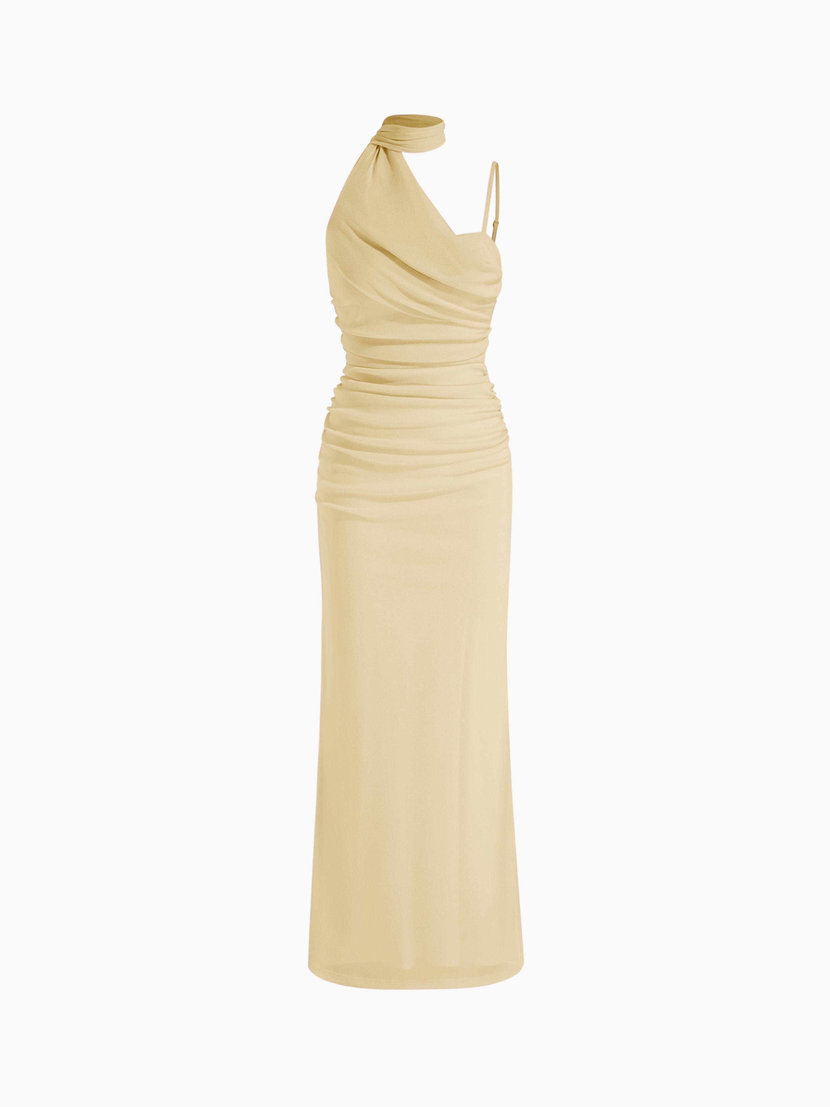 Mesh Halter Neckline Ruched Maxi Dress With Scarf by CIDER