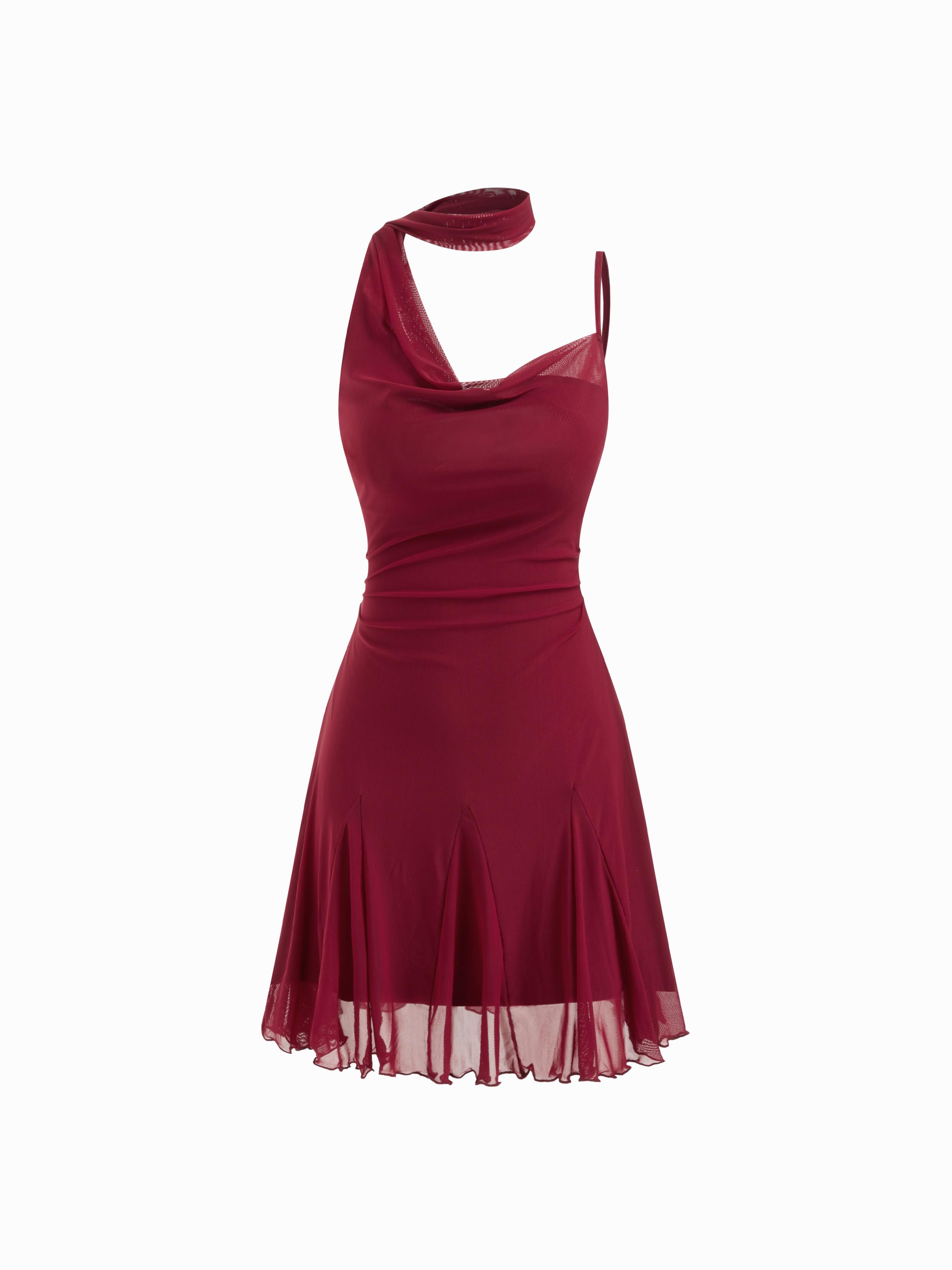 Mesh Halter Neckline Ruched Ruffle Hem Mini Dress With Scarf by CIDER