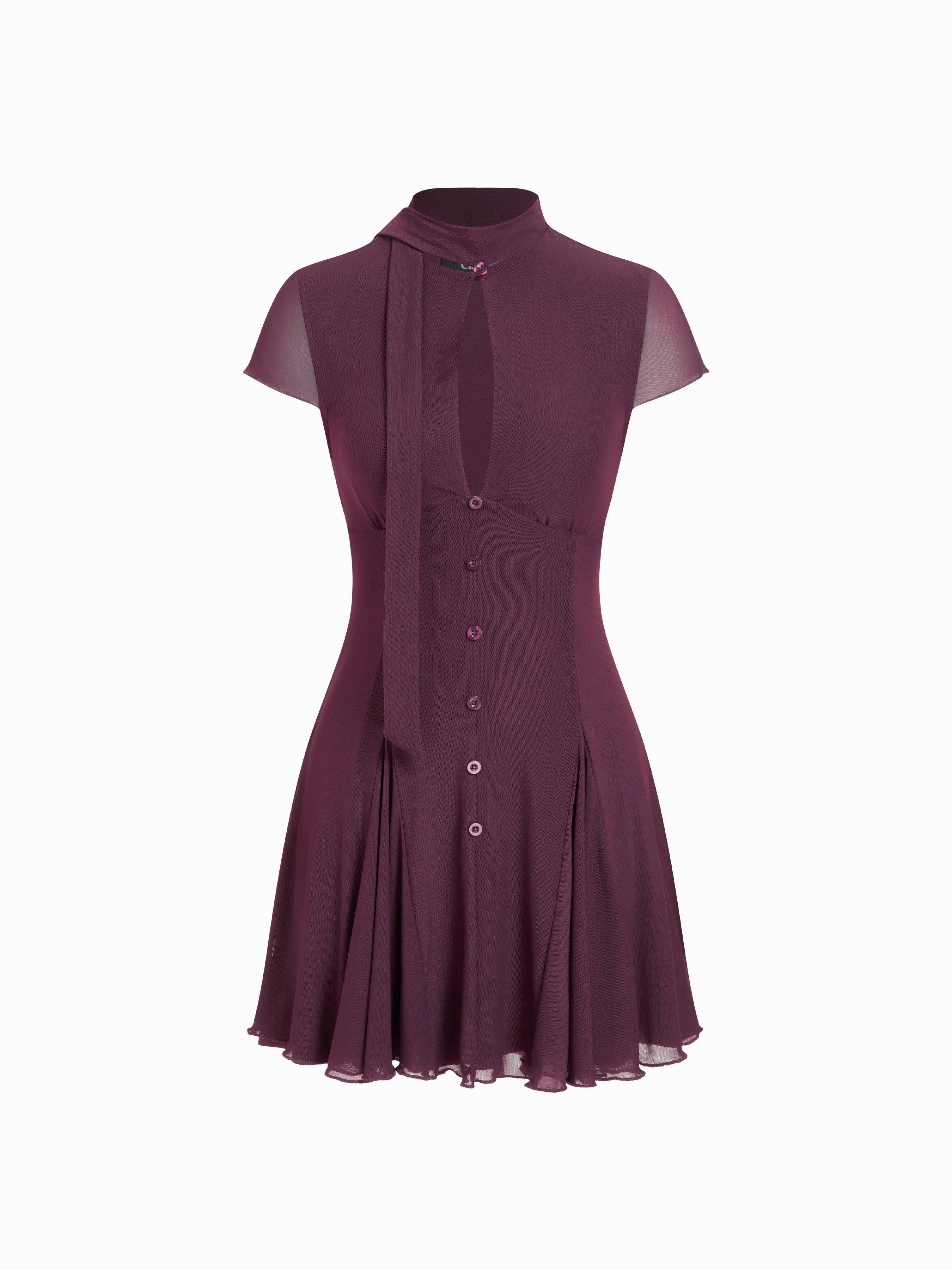 Mesh High Neck Short Sleeve Draped A-line Mini Dress With Scarf by CIDER