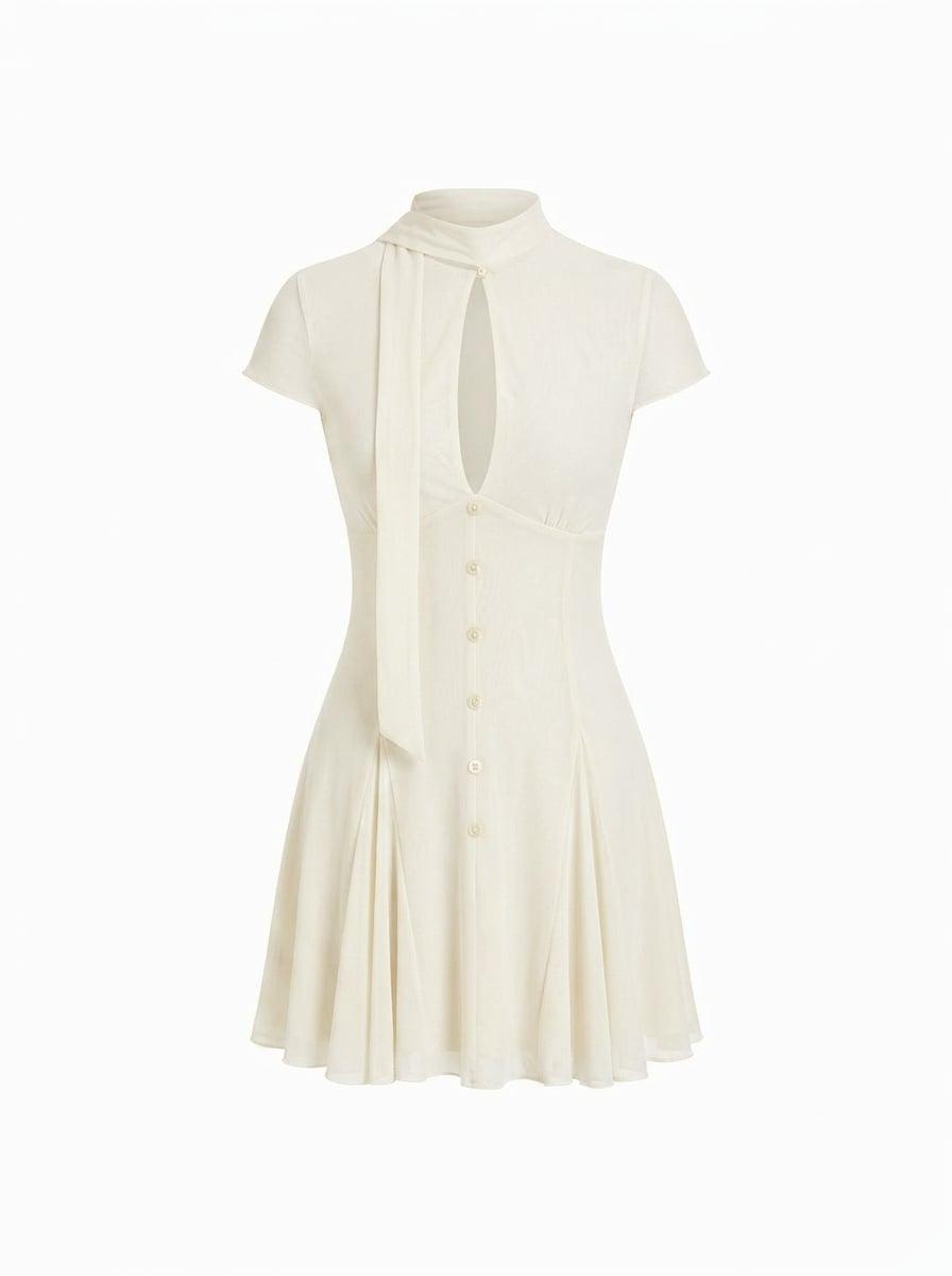 Mesh High Neck Short Sleeve Draped A-line Mini Dress With Scarf by CIDER