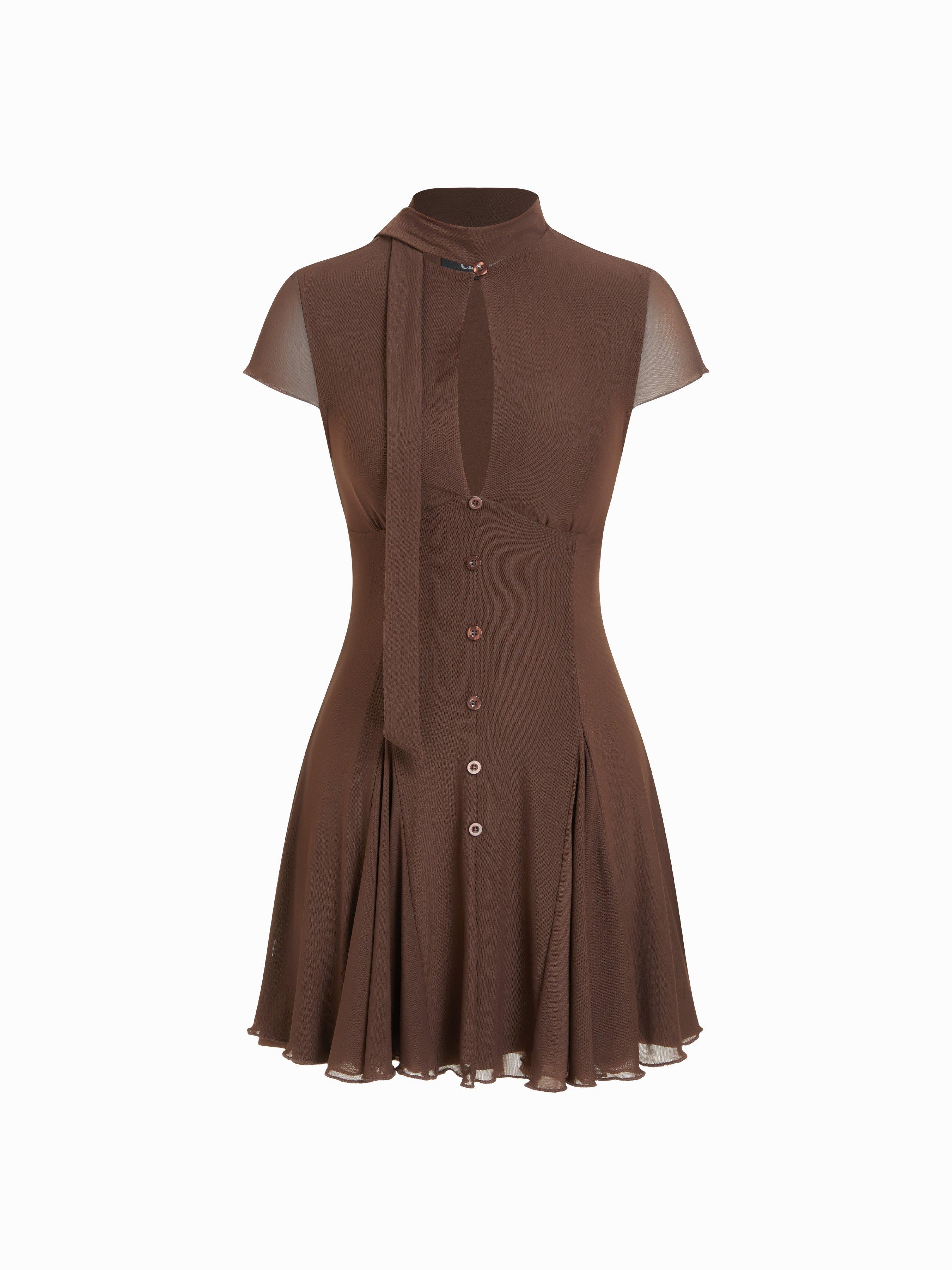 Mesh High Neck Short Sleeve Draped A-line Mini Dress With Scarf by CIDER