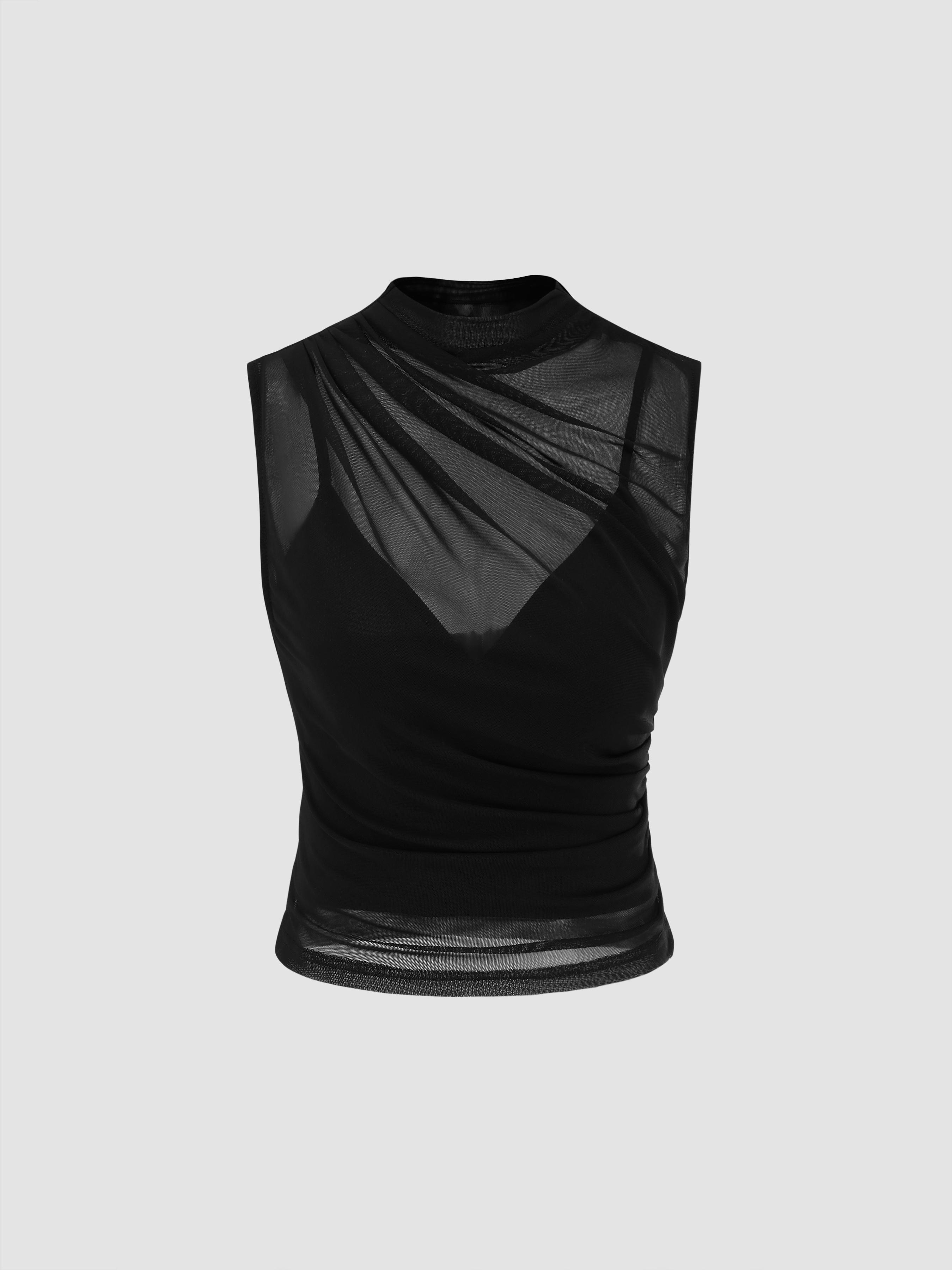 Mesh High Neck Solid Tank Top & Crop Cami Top by CIDER
