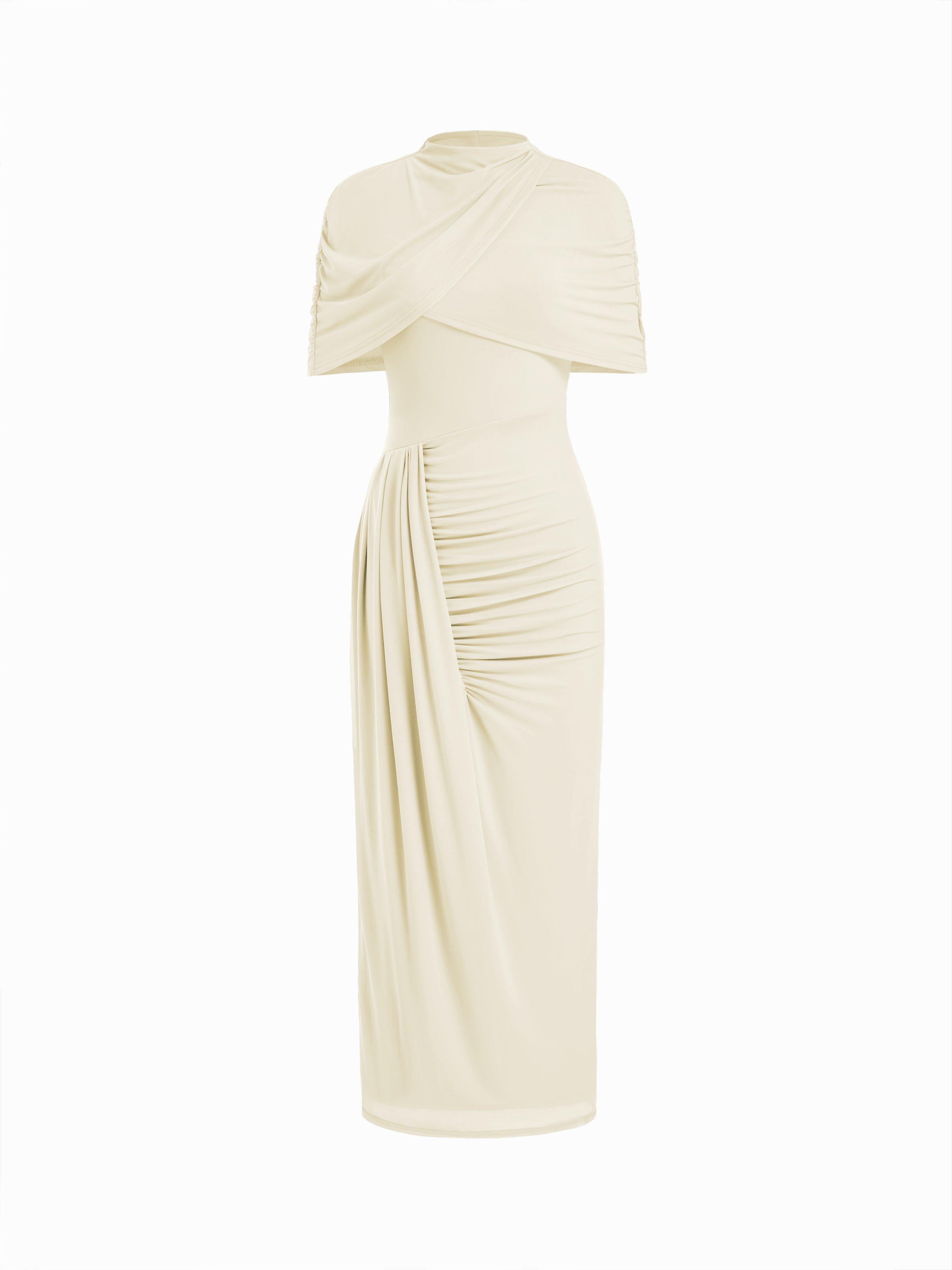 Mesh High Neckline Asymmetrical Ruched Cloak Sleeve Mermaid Maxi Dress by CIDER